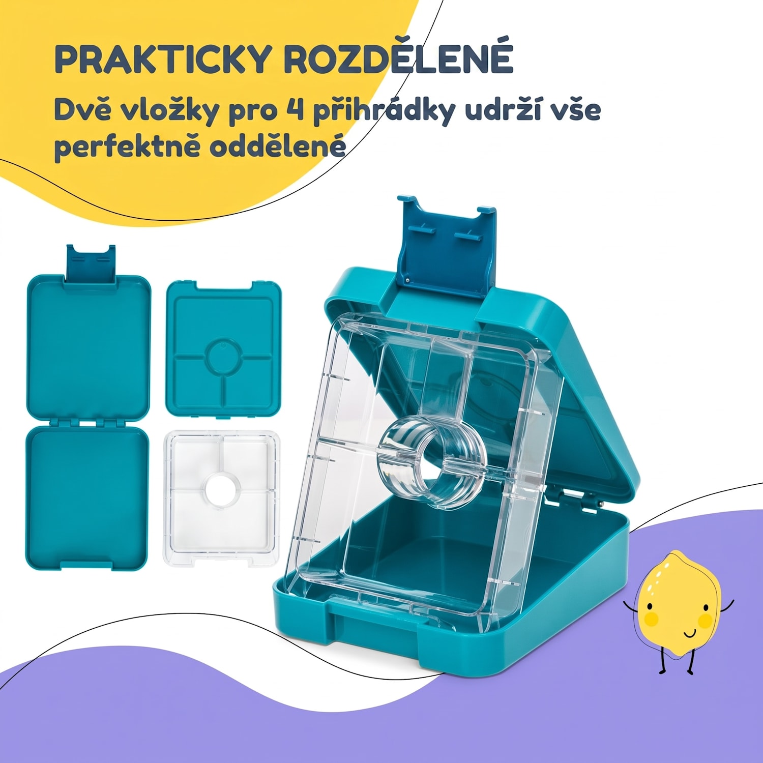 Schmatzfatz easy, svačinový box, 4 přihrádky, 18 × 15 × 5 cm Petrol Sea