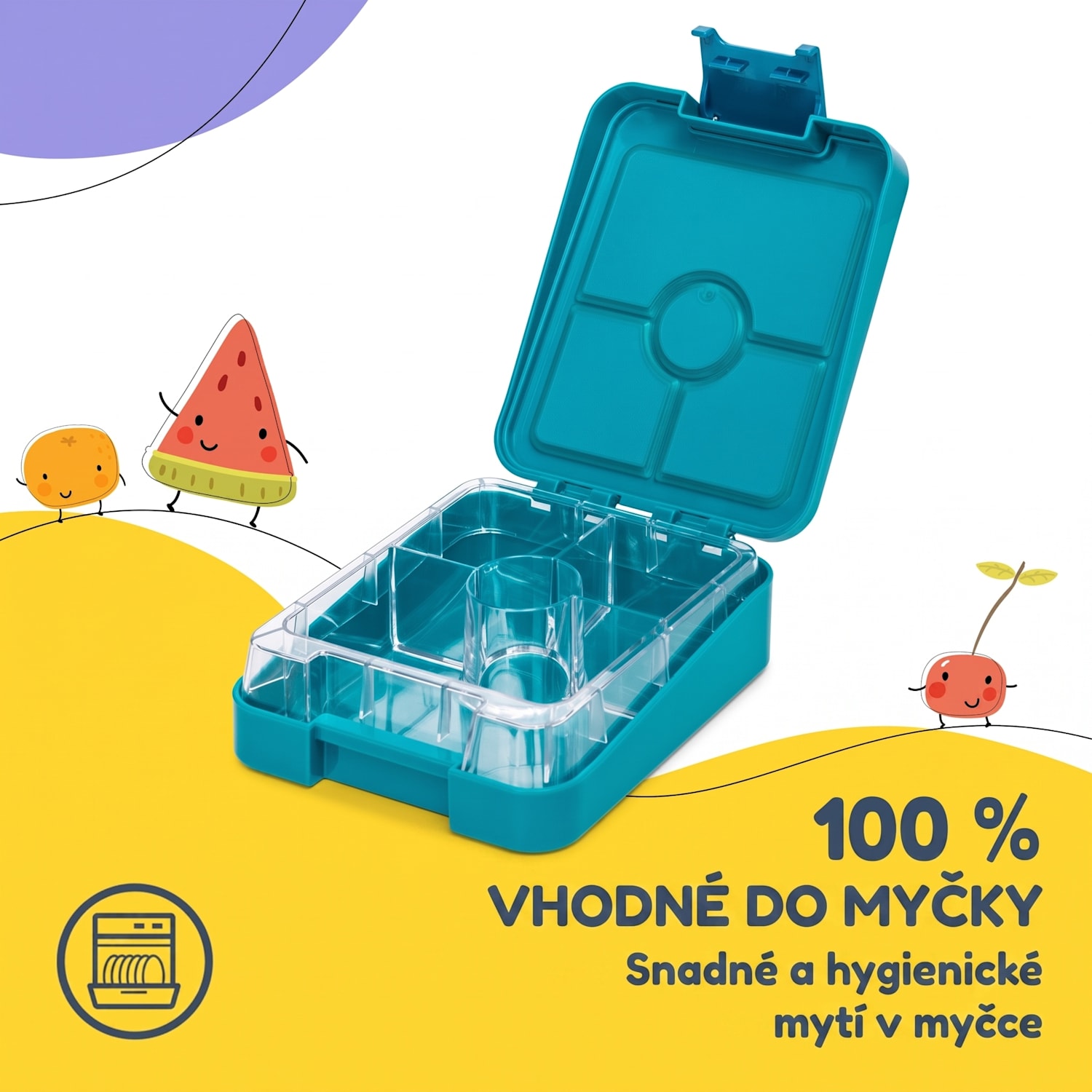 Schmatzfatz easy, svačinový box, 4 přihrádky, 18 × 15 × 5 cm Petrol Sea