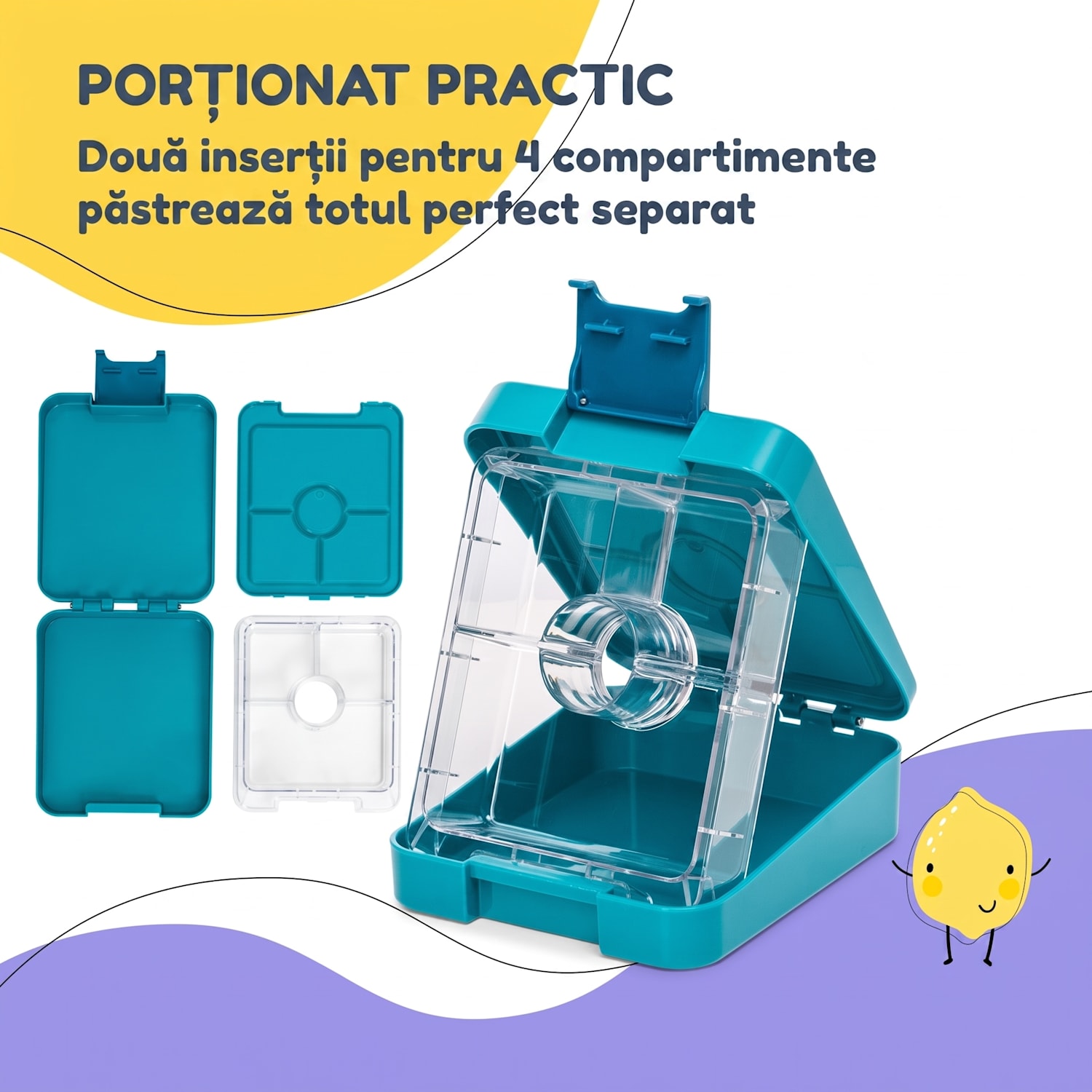 Schmatzfatz easy, cutie pentru gustări, 4 compartimente, 18 × 15 × 5 cm Petrol Sea
