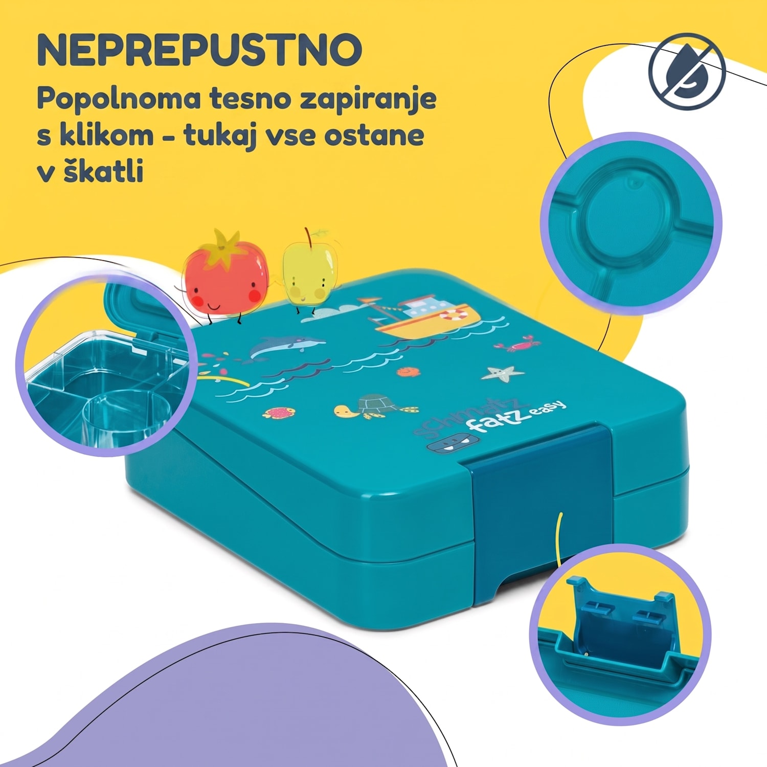 Schmatzfatz easy, škatla za malico, 4 predeli, 18 × 15 × 5 cm Petrol Sea