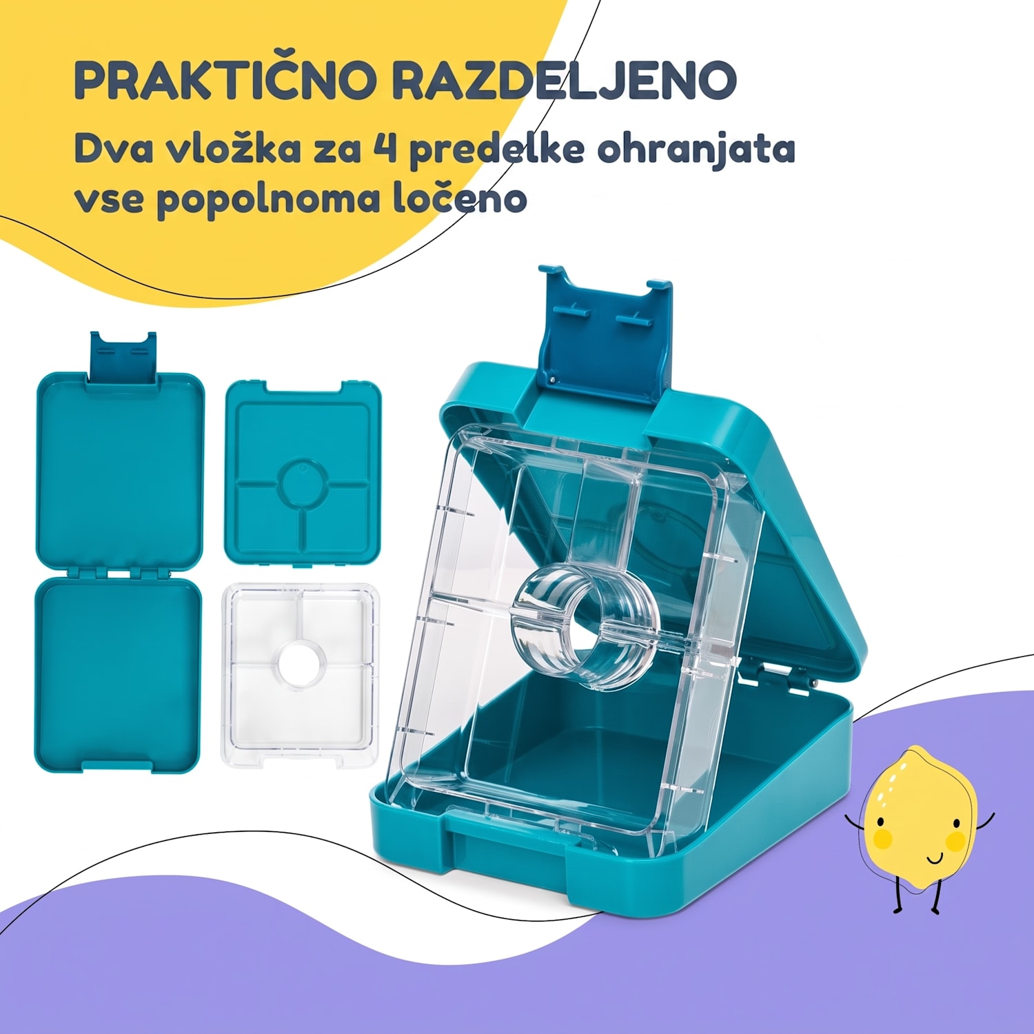 Schmatzfatz easy, škatla za malico, 4 predeli, 18 × 15 × 5 cm Petrol Sea