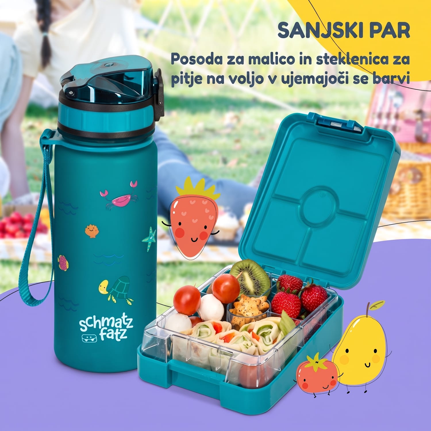 Schmatzfatz easy, škatla za malico, 4 predeli, 18 × 15 × 5 cm Petrol Sea