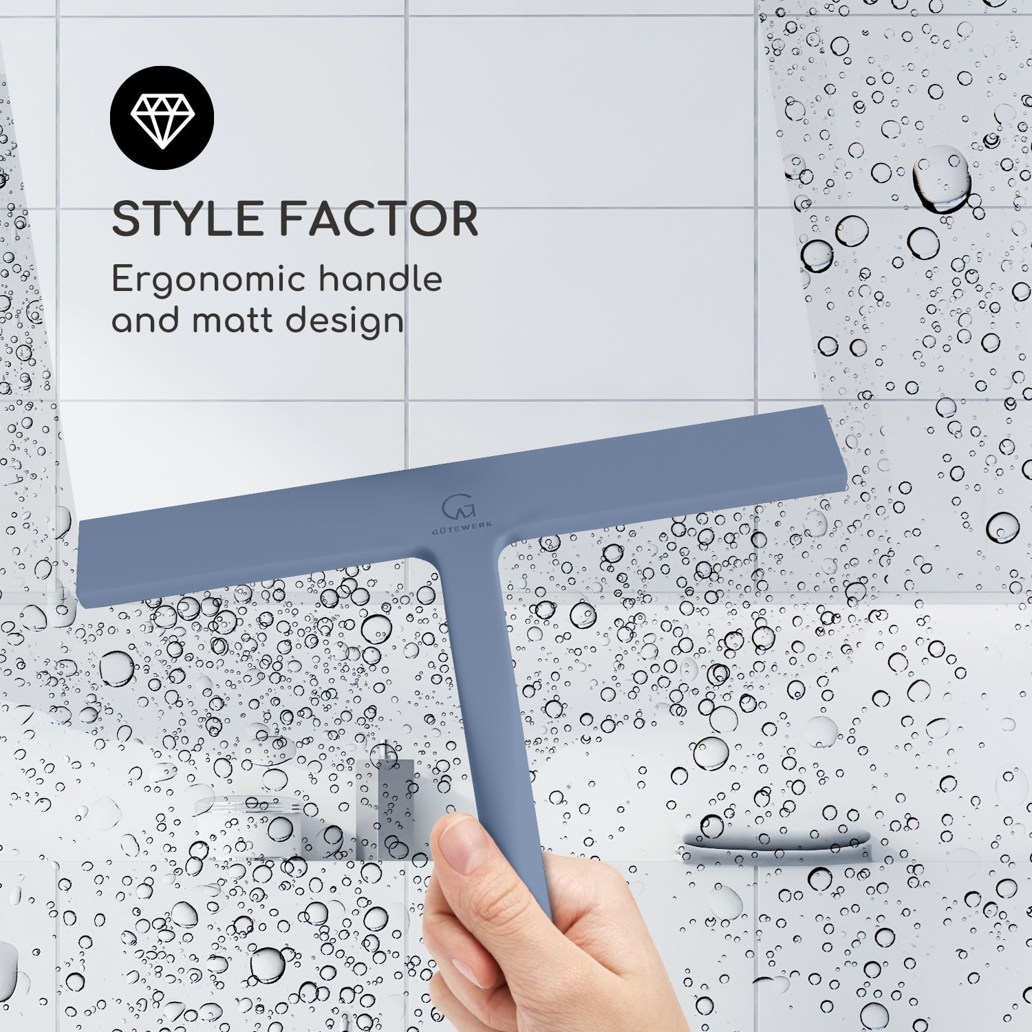 Blaze, ściągaczka do kabiny prysznicowej, 23 cm, silikon, stal nierdzewna, nowoczesny design Popielaty błękit