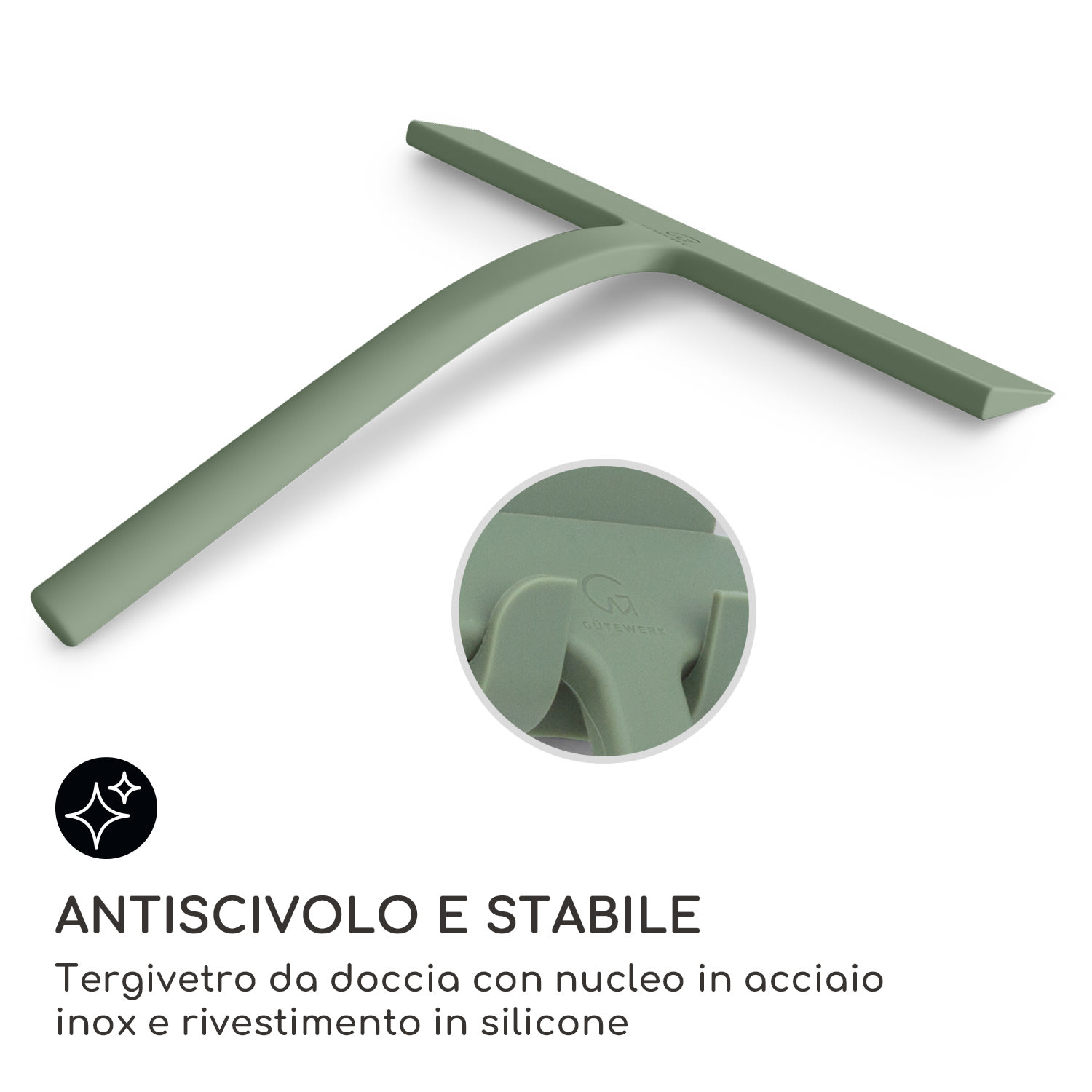 Blaze - Tergivetro per doccia, 23 cm, rivestimento in silicone, nucleo in acciaio inox, design moderno Muschio