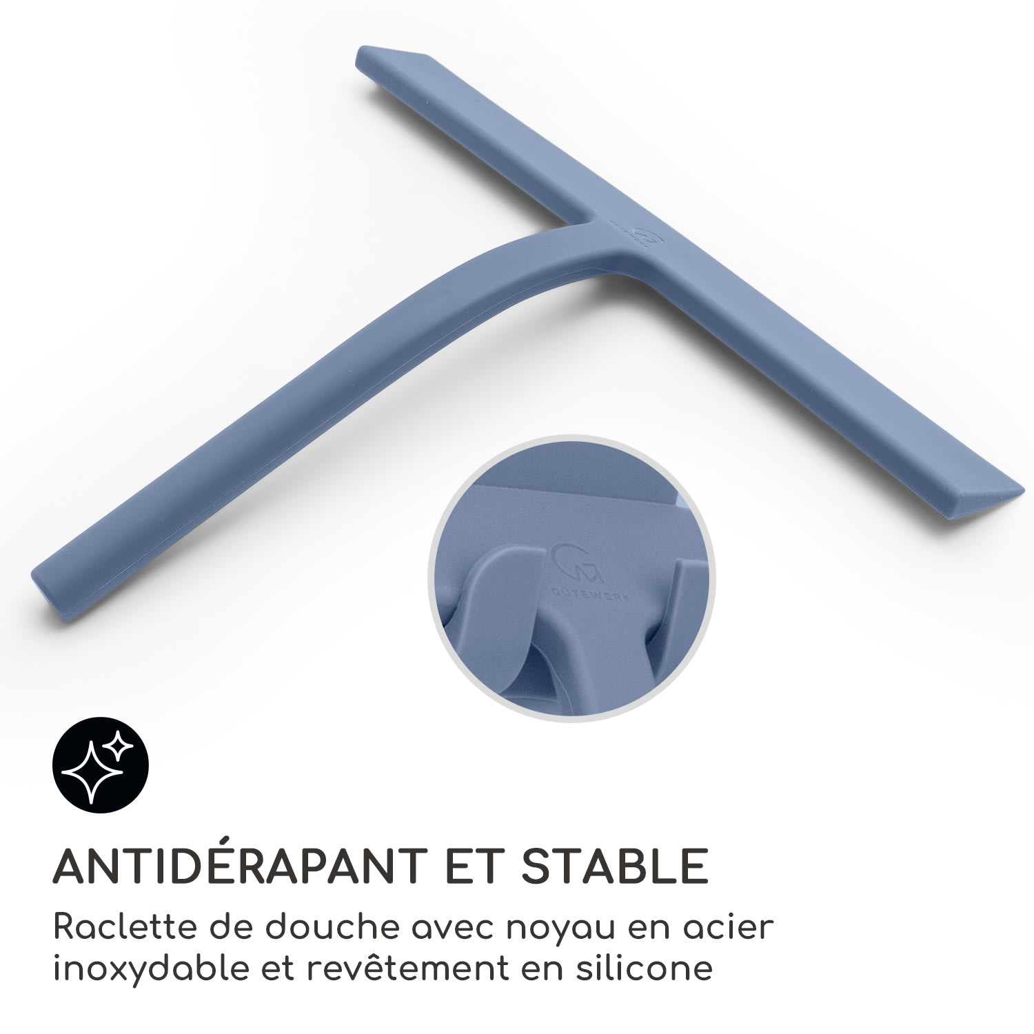Raclette de douche Blaze 28 cm Couverture en silicone Noyau en acier inoxydable Design moderne Bleu Cendré
