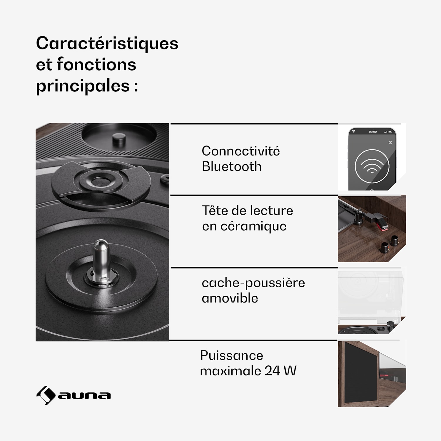 TT-Play 2x10W BT RCA-Out platenspeler met 3 toerentallen bluetooth Donker Hout