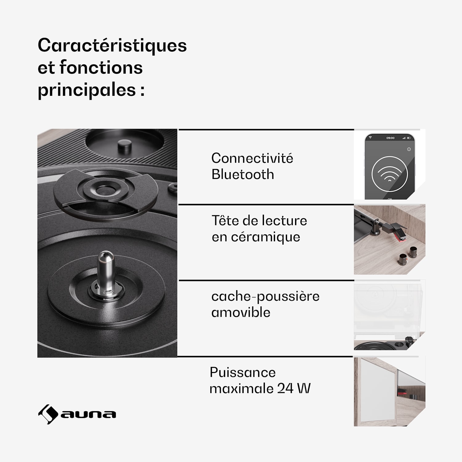 TT-Play 2x10 W BT RCA-Out 3 speed Platine vinyle 3 vitesses Bluetooth Bois Taupe