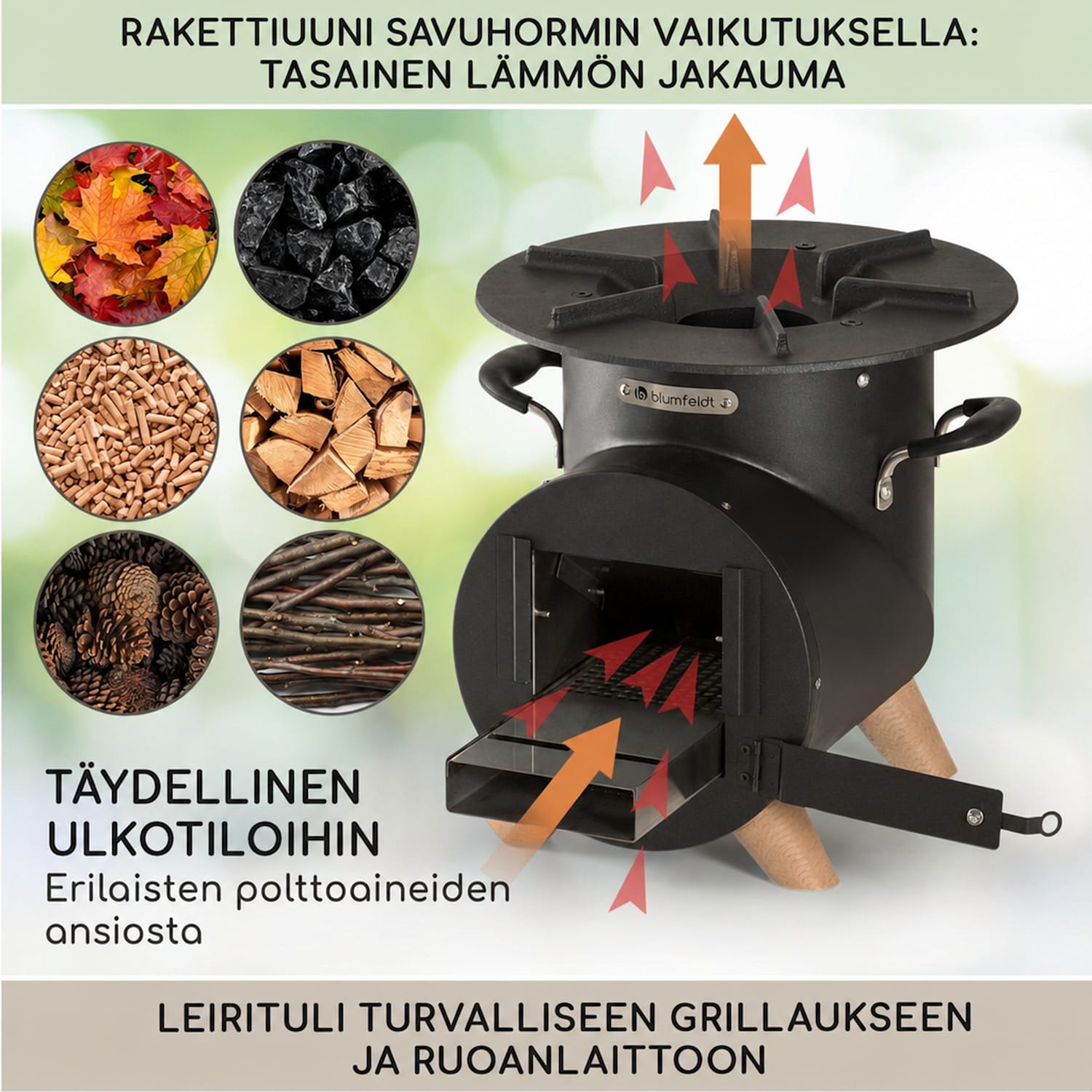 Oshima rakettiuuni retkiuuni ympäristöystävällinen liikuteltava terästä 32 cm | Musta