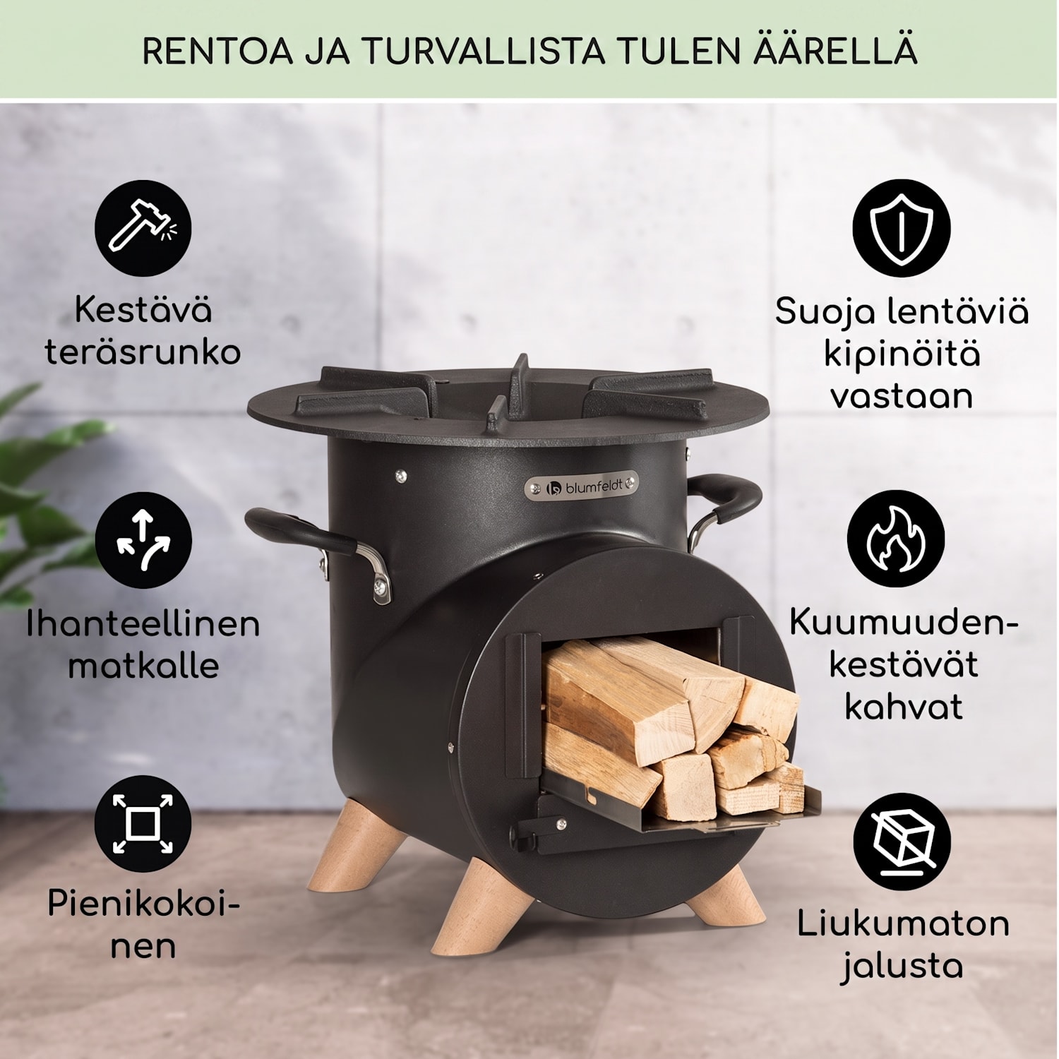 Oshima rakettiuuni retkiuuni ympäristöystävällinen liikuteltava terästä 32 cm | Musta
