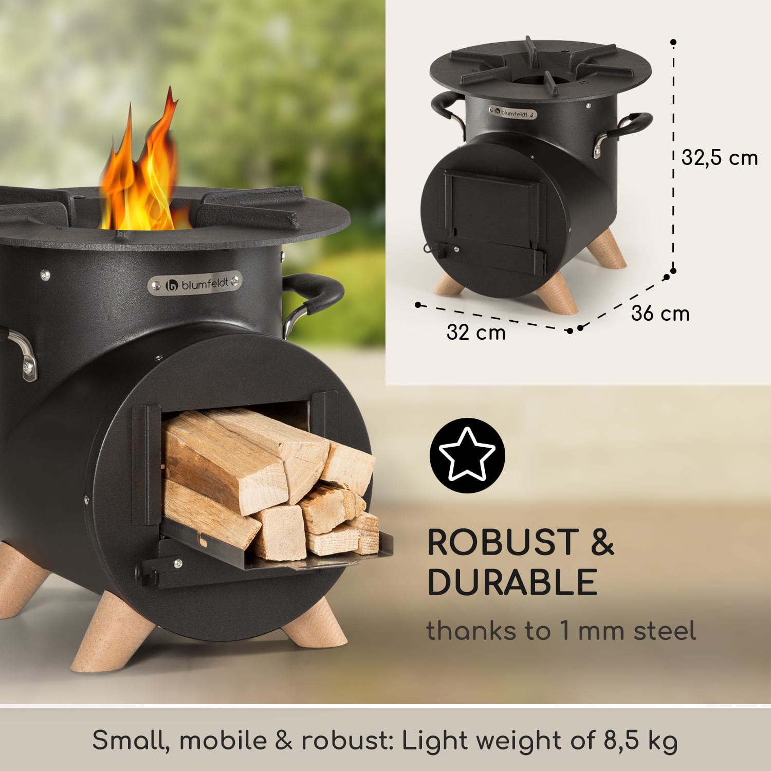 Oshima Rocket Stove Camping Stove šetrný k životnému prostrediu mobilná oceľ 32 cm | Čierna