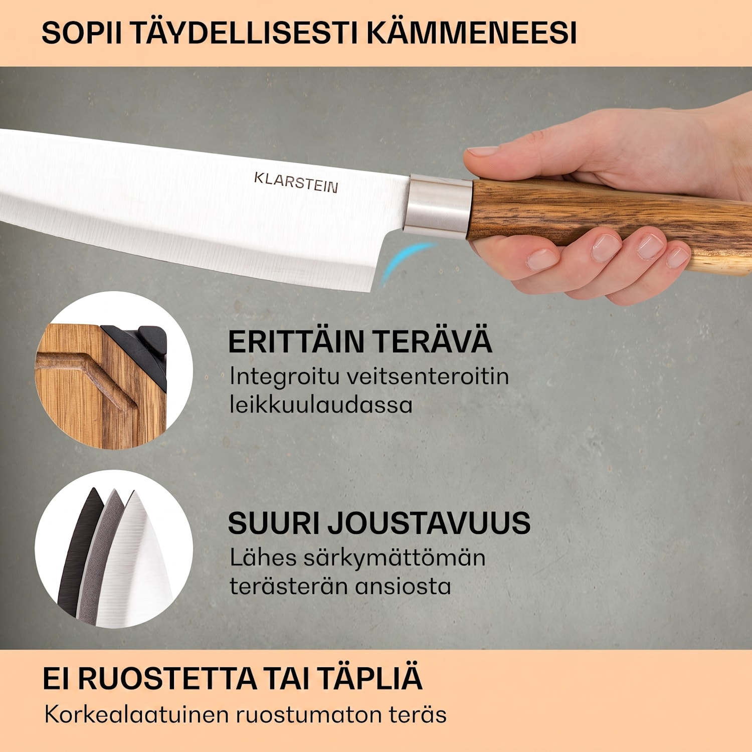Komaki 8-osainen veitsisarja: 5 veistä, 3 leikkuulautaa, veitsenteroitin, tabletinpidike 