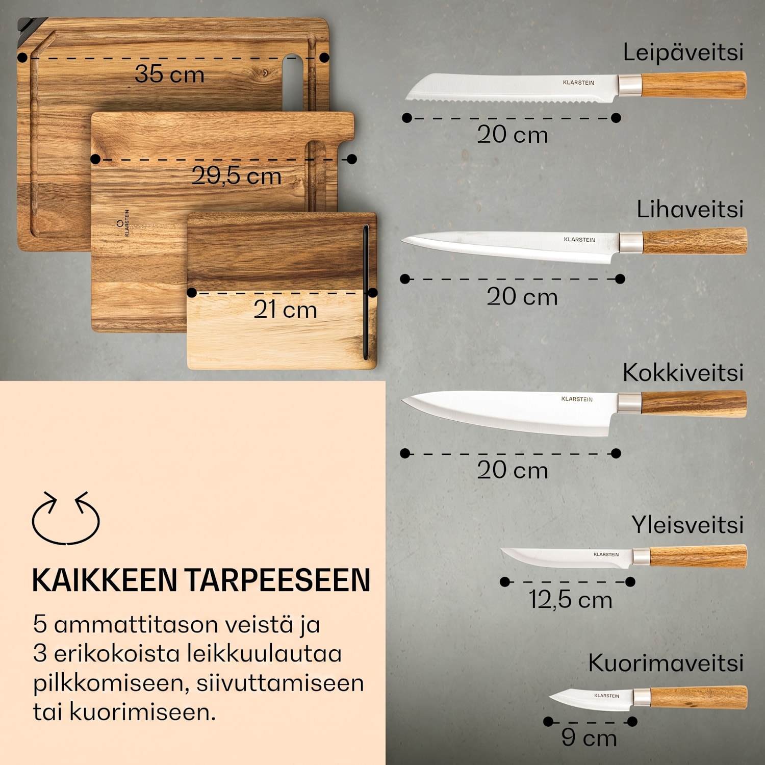 Komaki 8-osainen veitsisarja: 5 veistä, 3 leikkuulautaa, veitsenteroitin, tabletinpidike 