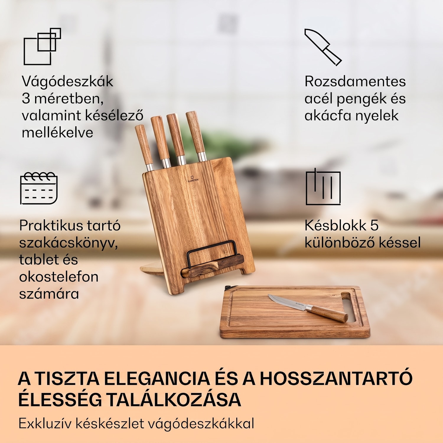 Komaki, késkészlet, 8 darabos, 5 kés, 3 vágódeszka, tartó kések élezéséhez 