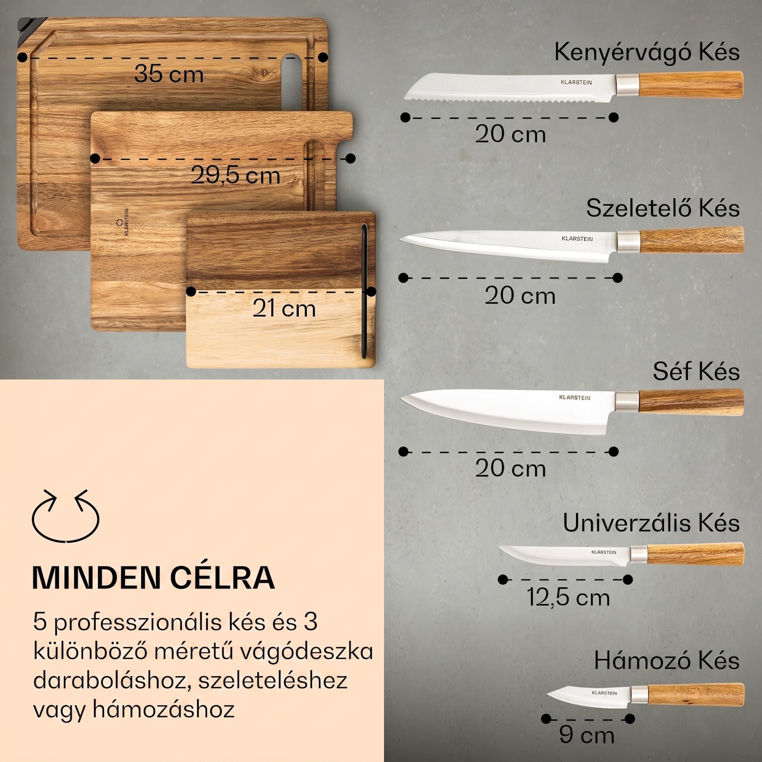 Komaki, késkészlet, 8 darabos, 5 kés, 3 vágódeszka, tartó kések élezéséhez 
