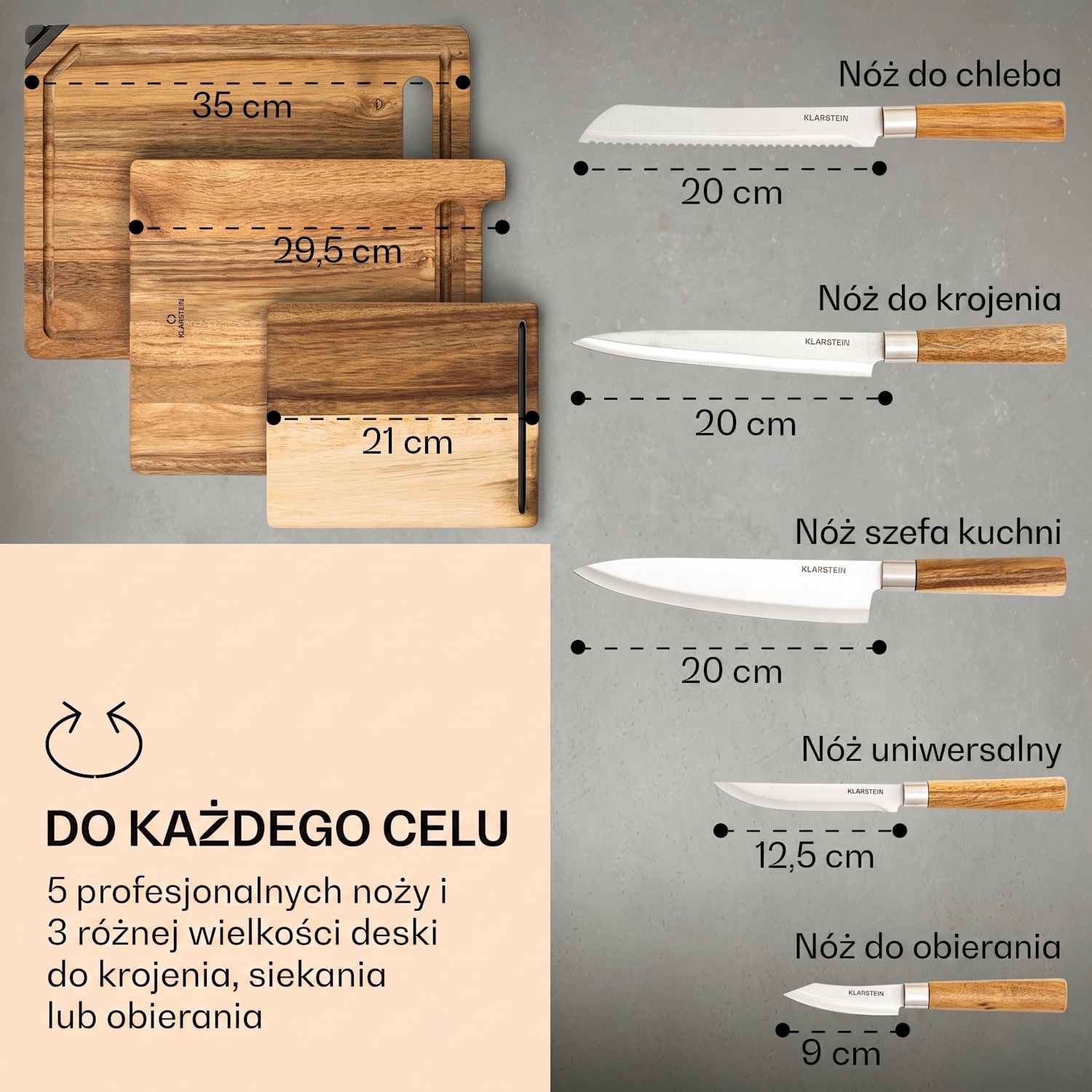 Komaki, 8-częściowy zestaw noży, 5 noży, 3 deski do krojenia, ostrzałka do noży, uchwyt na tablet 