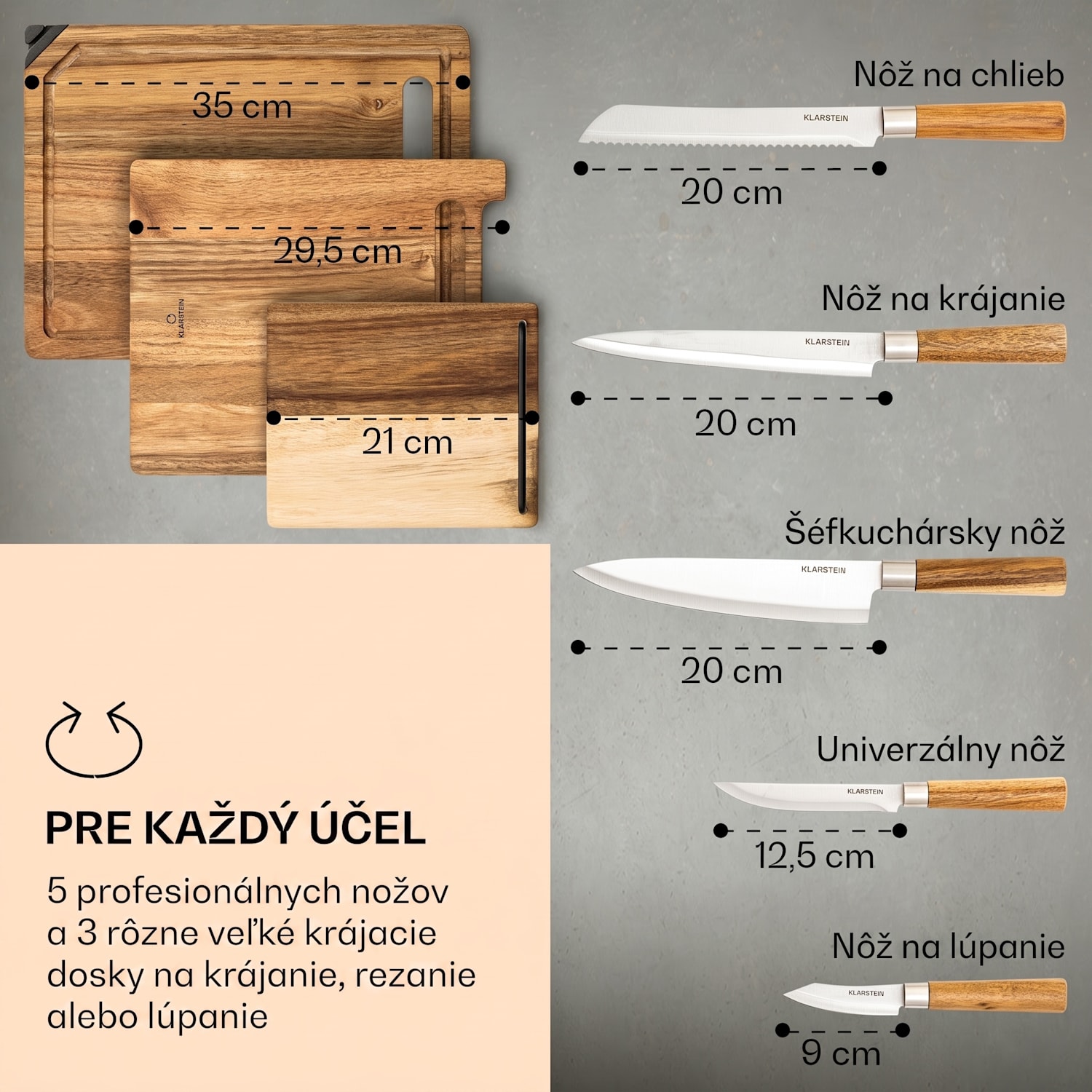 Komaki, sada nožov, 8-dielna, 5 nožov, 3 dosky na krájanie, držiak na ostrenie nožov 