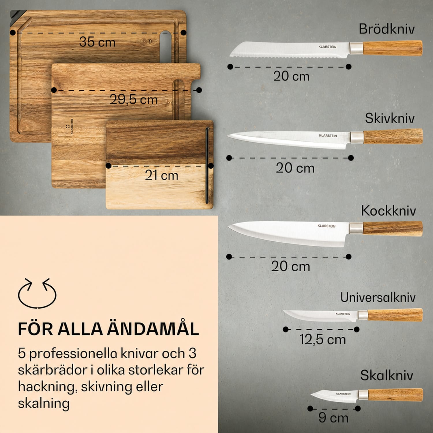 Komaki knivset 8 delar 5 knivar 3 skärbrädor knivslip tablethållare 