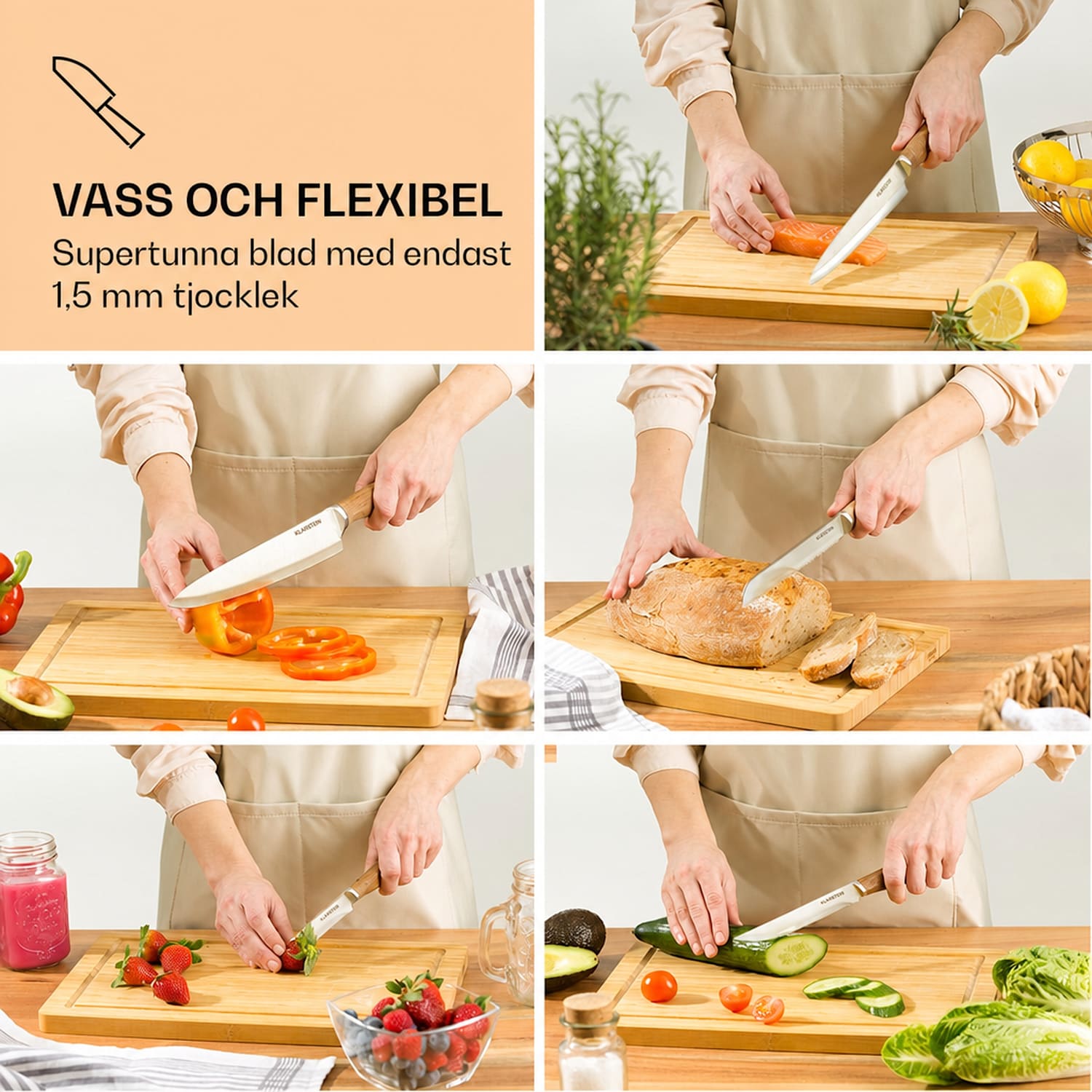 Komaki knivset 8 delar 5 knivar 3 skärbrädor knivslip tablethållare 