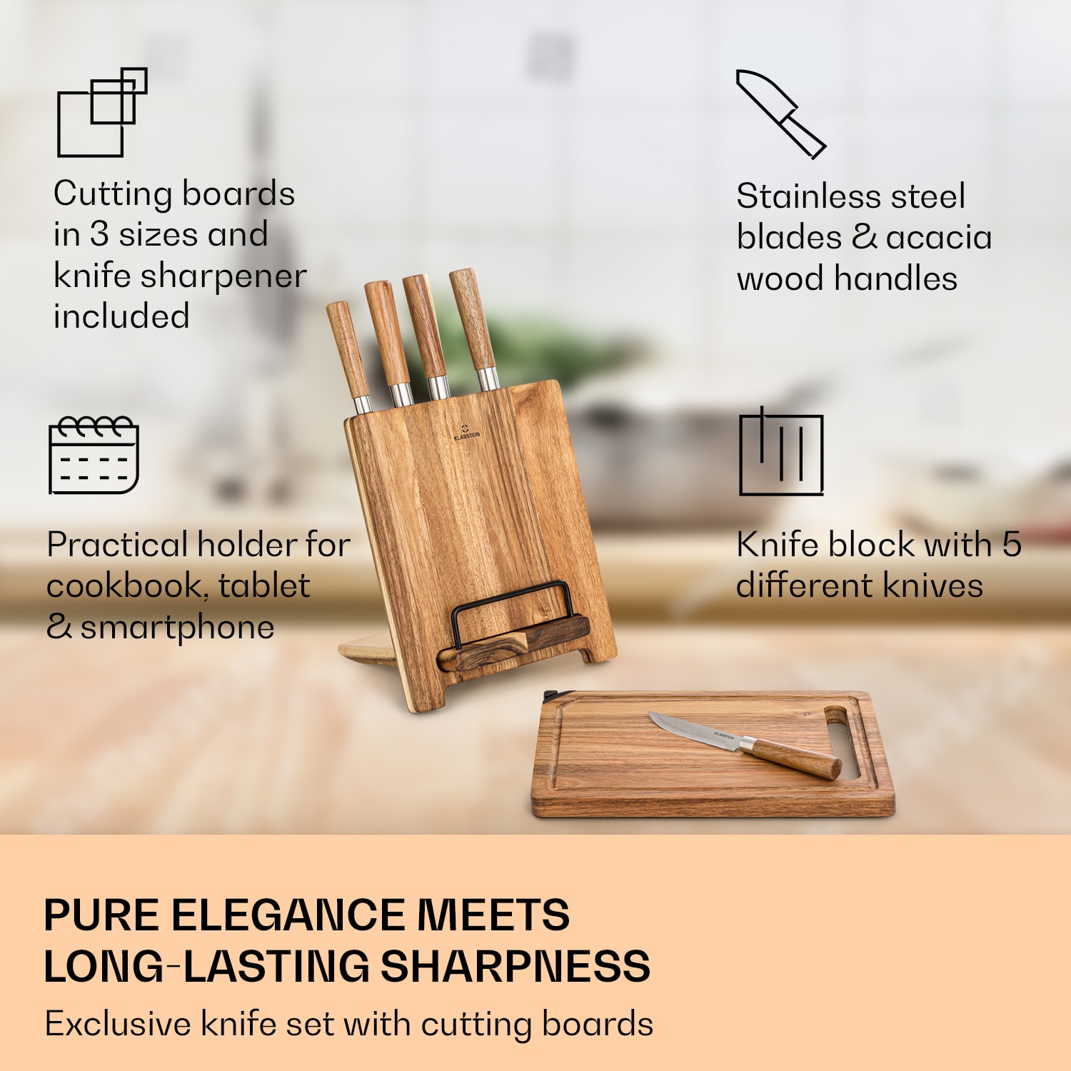 Komaki, késkészlet, 8 darabos, 5 kés, 3 vágódeszka, tartó kések élezéséhez 