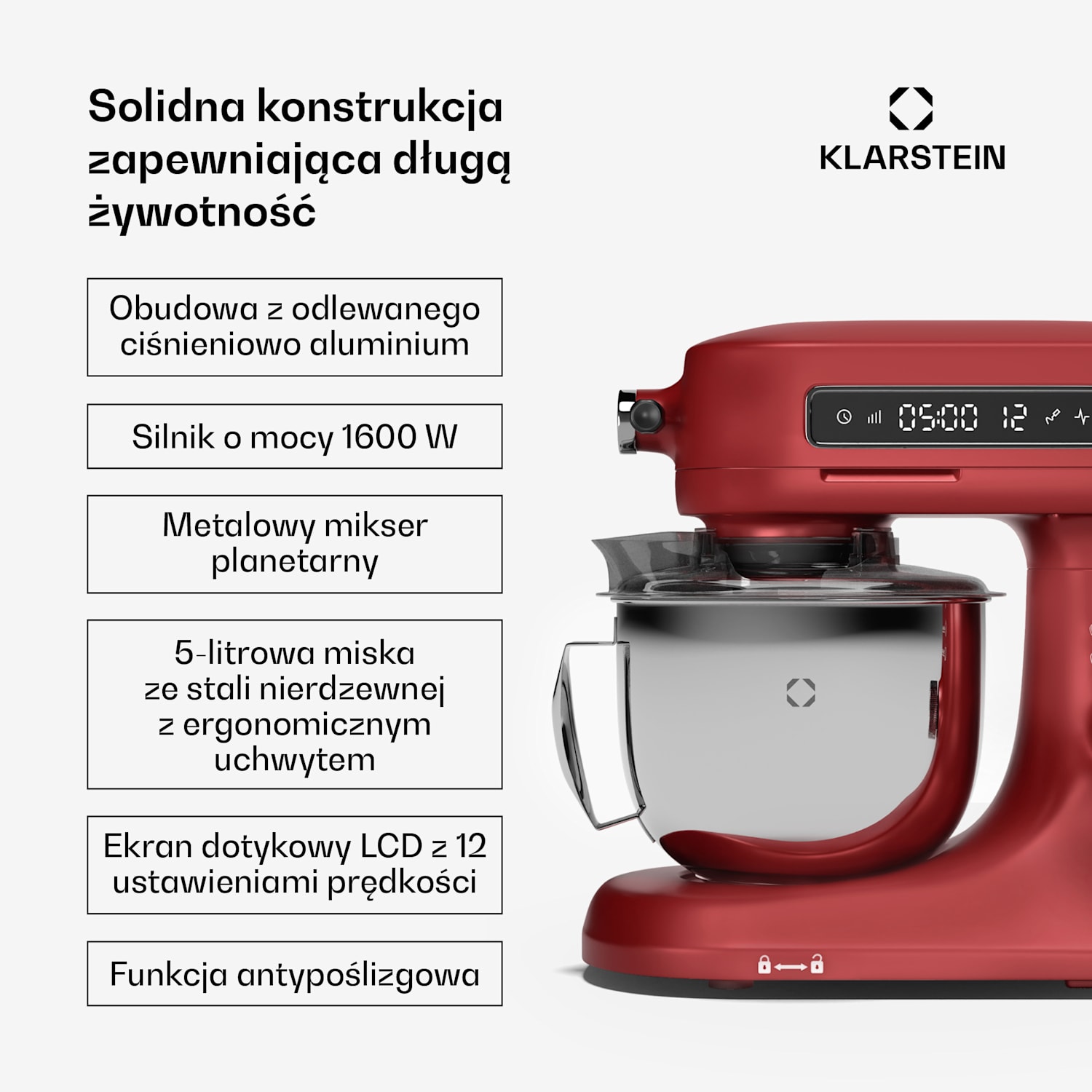 Chiara robot kuchenny, 1600 W, 12 poziomów obrotów, miska ze stali nierdzewnej, wyświetlacz LCD, akcesoria Czerwony