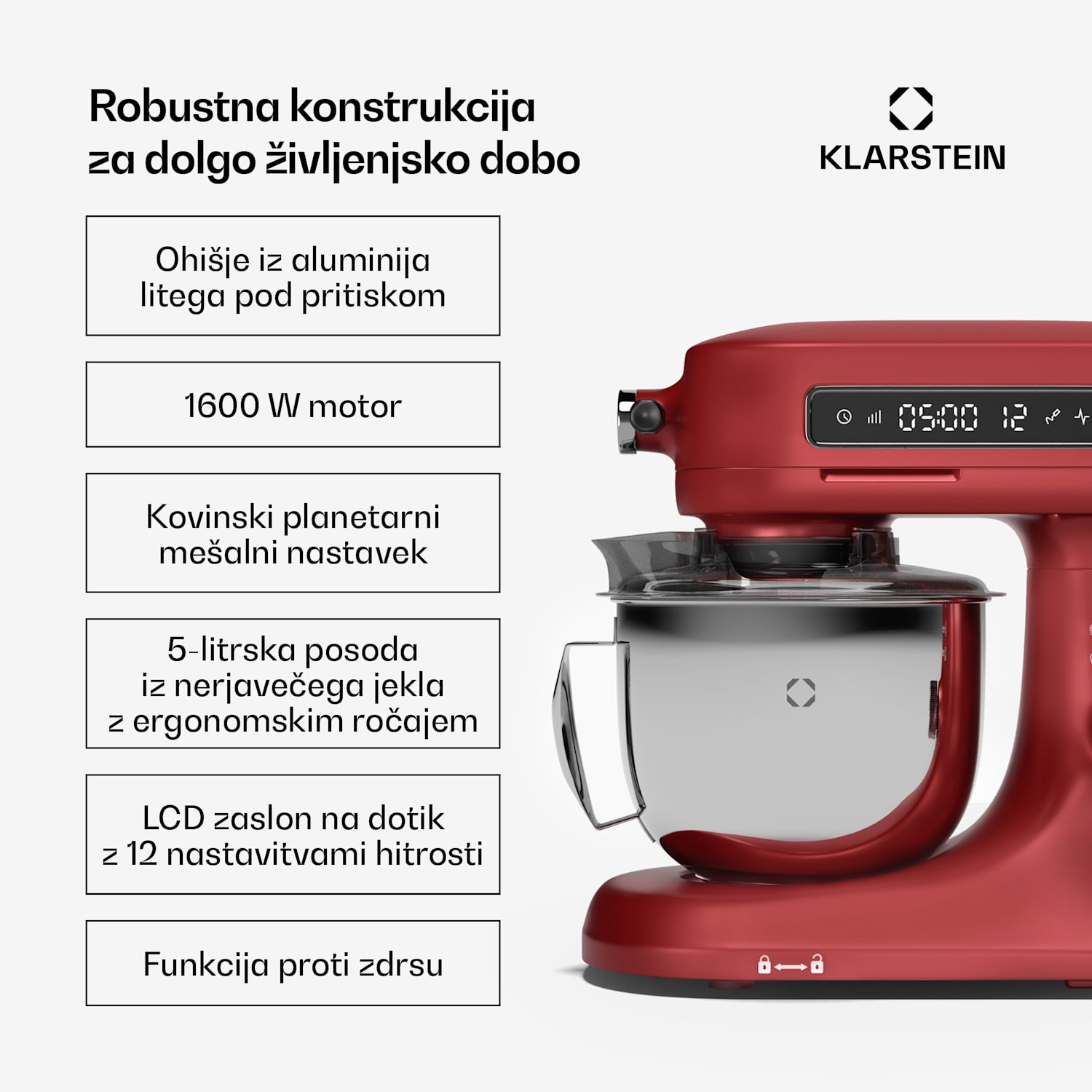 Chiara kuhinjski robot, 1600 W, 12 nastavitev, Posoda iz nerjavečega jekla, LCD zaslon, Vključno z dodatki Rdeča