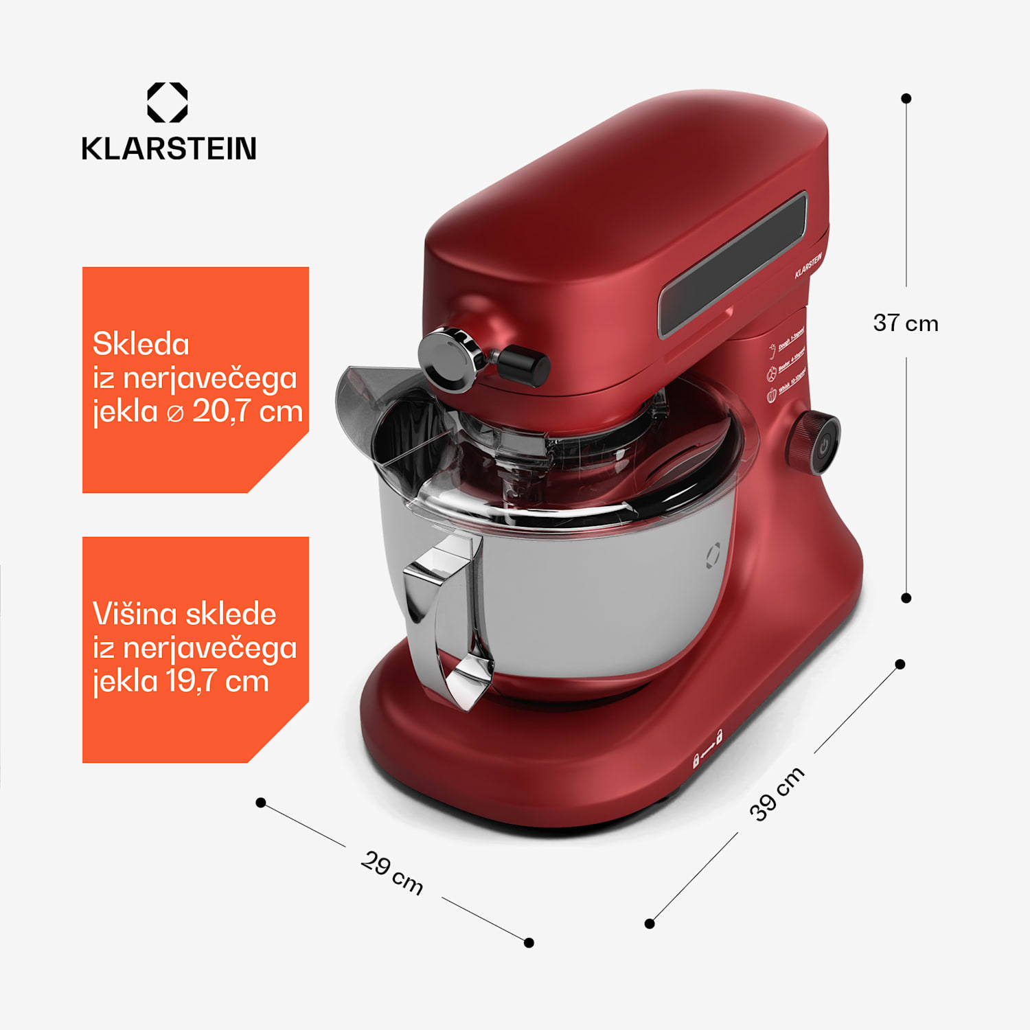 Chiara kuhinjski robot, 1600 W, 12 nastavitev, Posoda iz nerjavečega jekla, LCD zaslon, Vključno z dodatki Rdeča