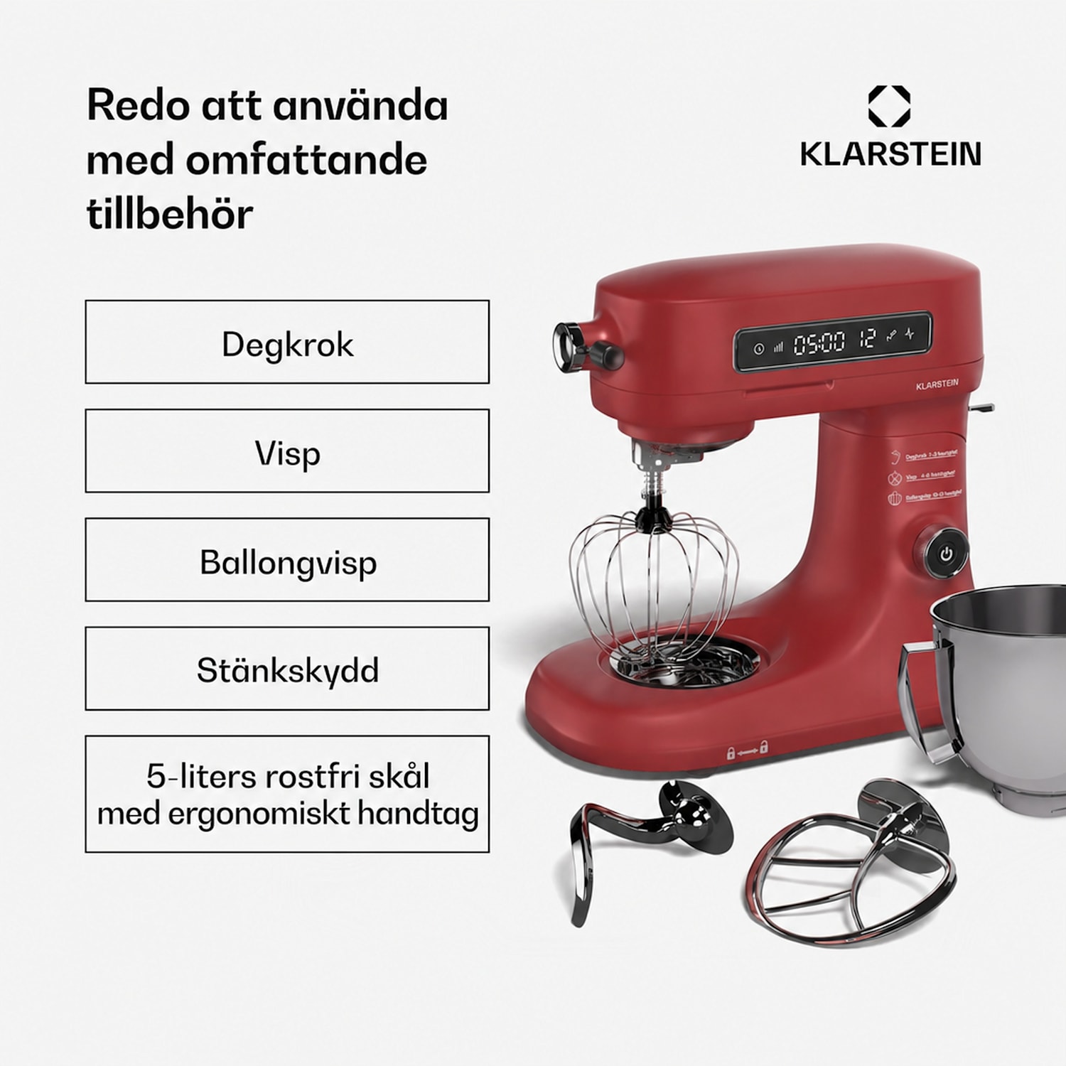 Chiara köksmaskin | 1600 watt | 12 inställningar | skål i rostfritt stål | LCD-display | inkl. tillbehör Röd
