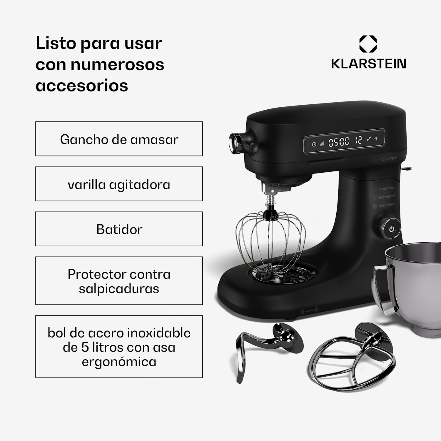 Robot de cocina Chiara | 1600 vatios | 12 posiciones | bol de acero inoxidable | pantalla LCD | incl. accesorios Negro