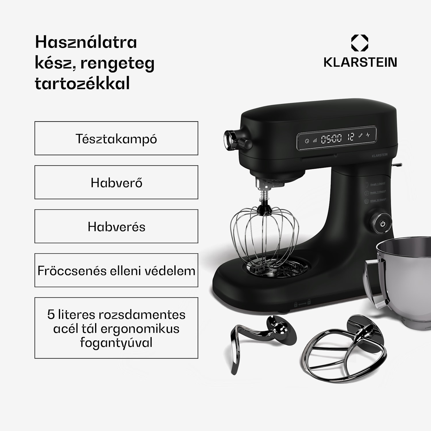 Chiara konyhai robotgép, 1600 W, 12 beállítás, rozsdamentes acél tál, LCD kijelző, Tartozékokkal együtt Fekete