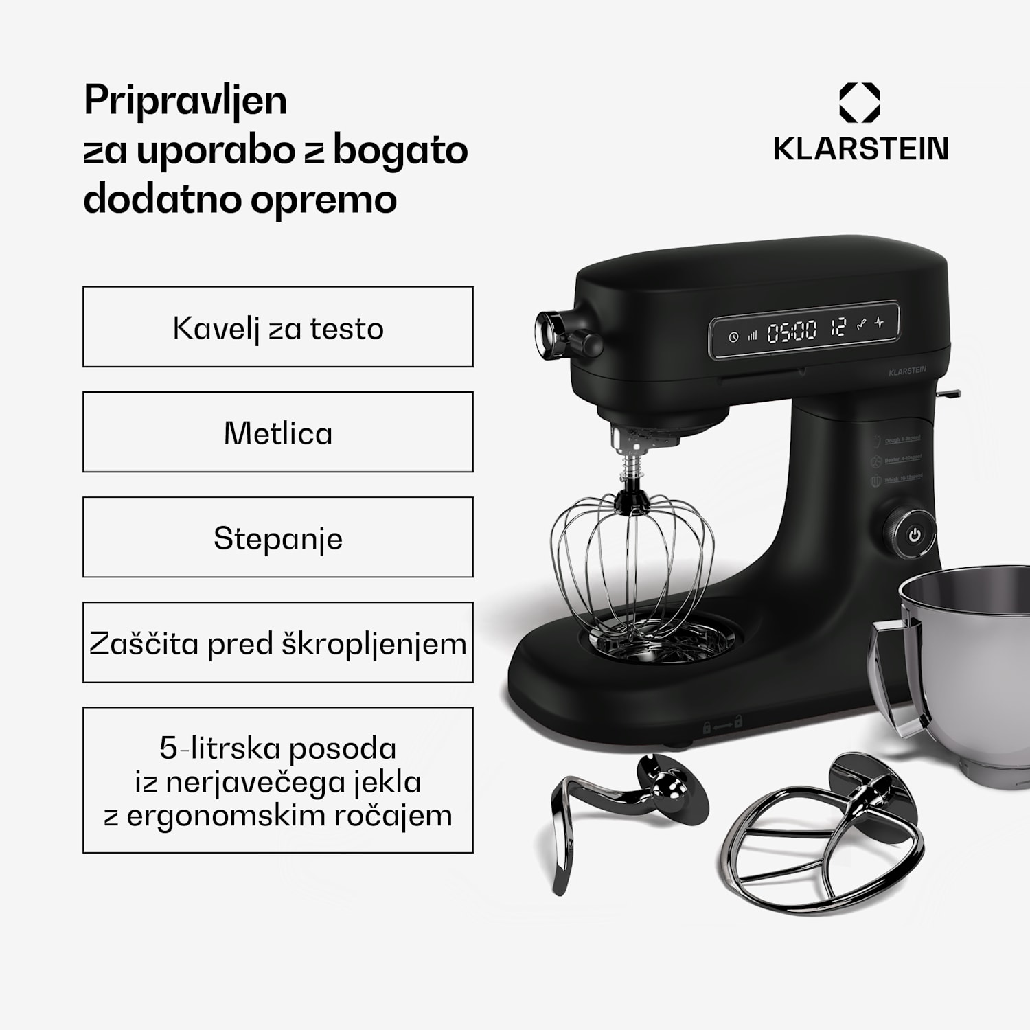 Chiara kuhinjski robot, 1600 W, 12 nastavitev, Posoda iz nerjavečega jekla, LCD zaslon, Vključno z dodatki Črna