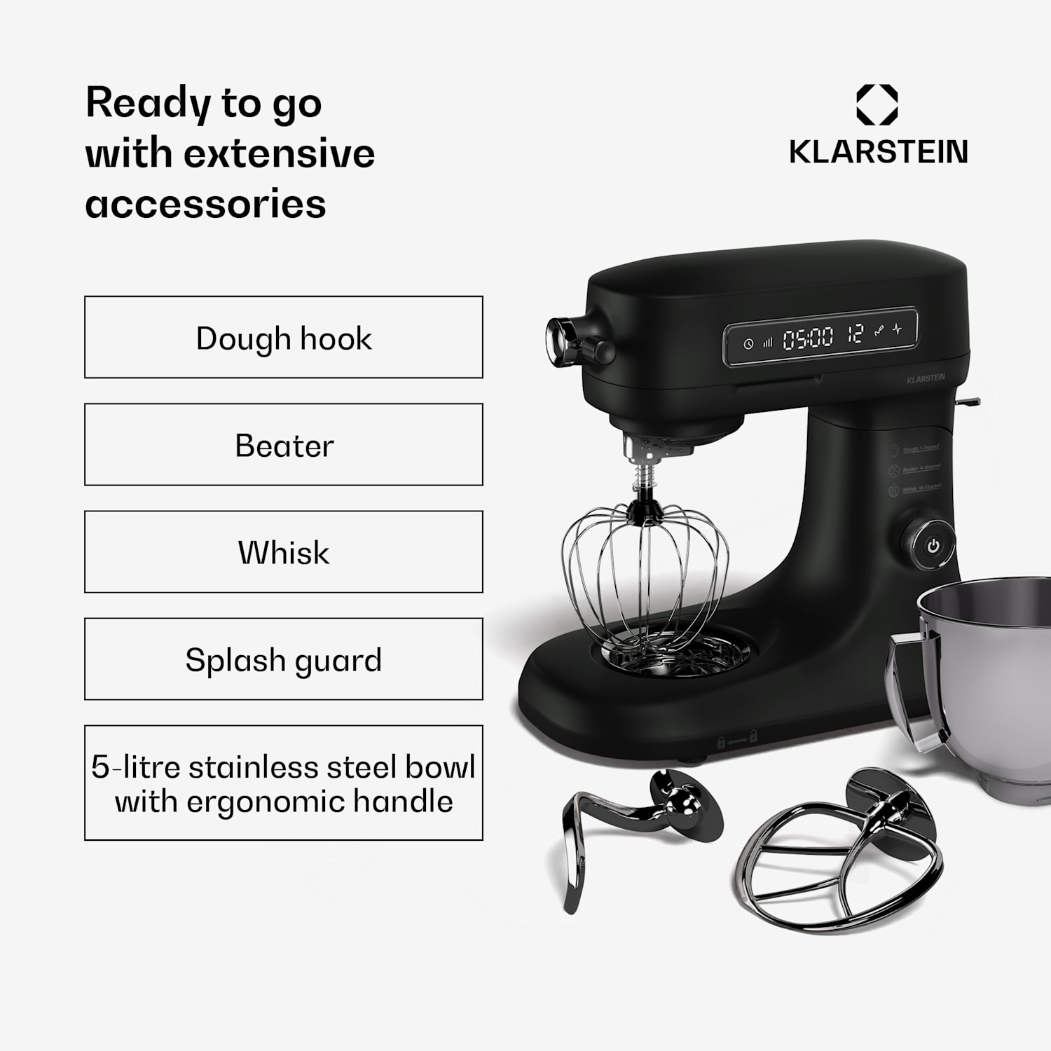 Chiara keukenmachine | 1600 watt | 12 standen | roestvrijstalen kom | LC-display | inclusief accessoires Zwart