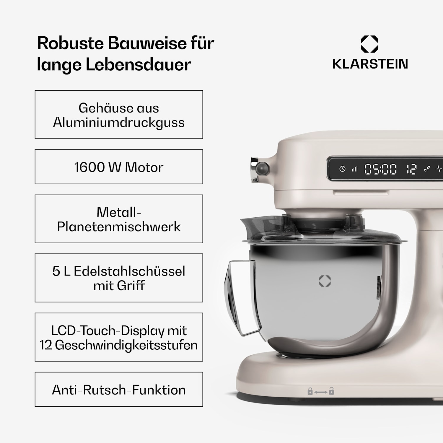 Chiara Küchenmaschine | 1600 Watt | 12 Stufen | Edelstahlschüssel | LCD-Display | inkl. Zubehör 