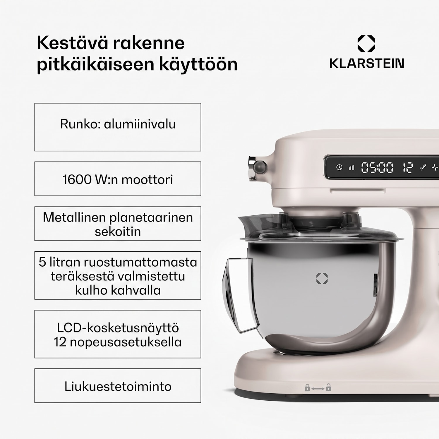 Chiara-yleiskone | 1600 wattia | 12 asetusta | ruostumaton teräskulho | LCD-näyttö | sis. lisävarusteet Hiekka
