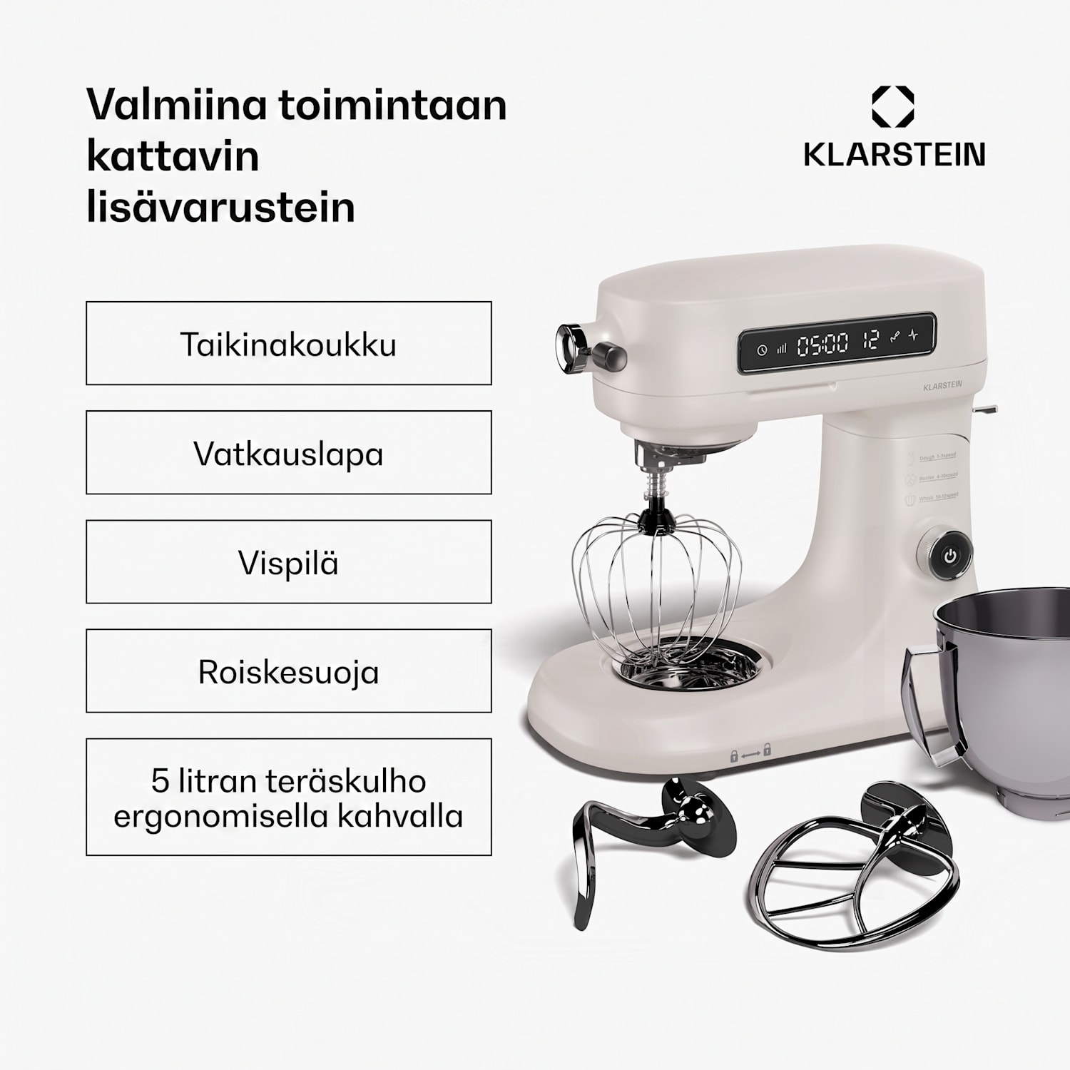 Chiara-yleiskone | 1600 wattia | 12 asetusta | ruostumaton teräskulho | LCD-näyttö | sis. lisävarusteet Hiekka