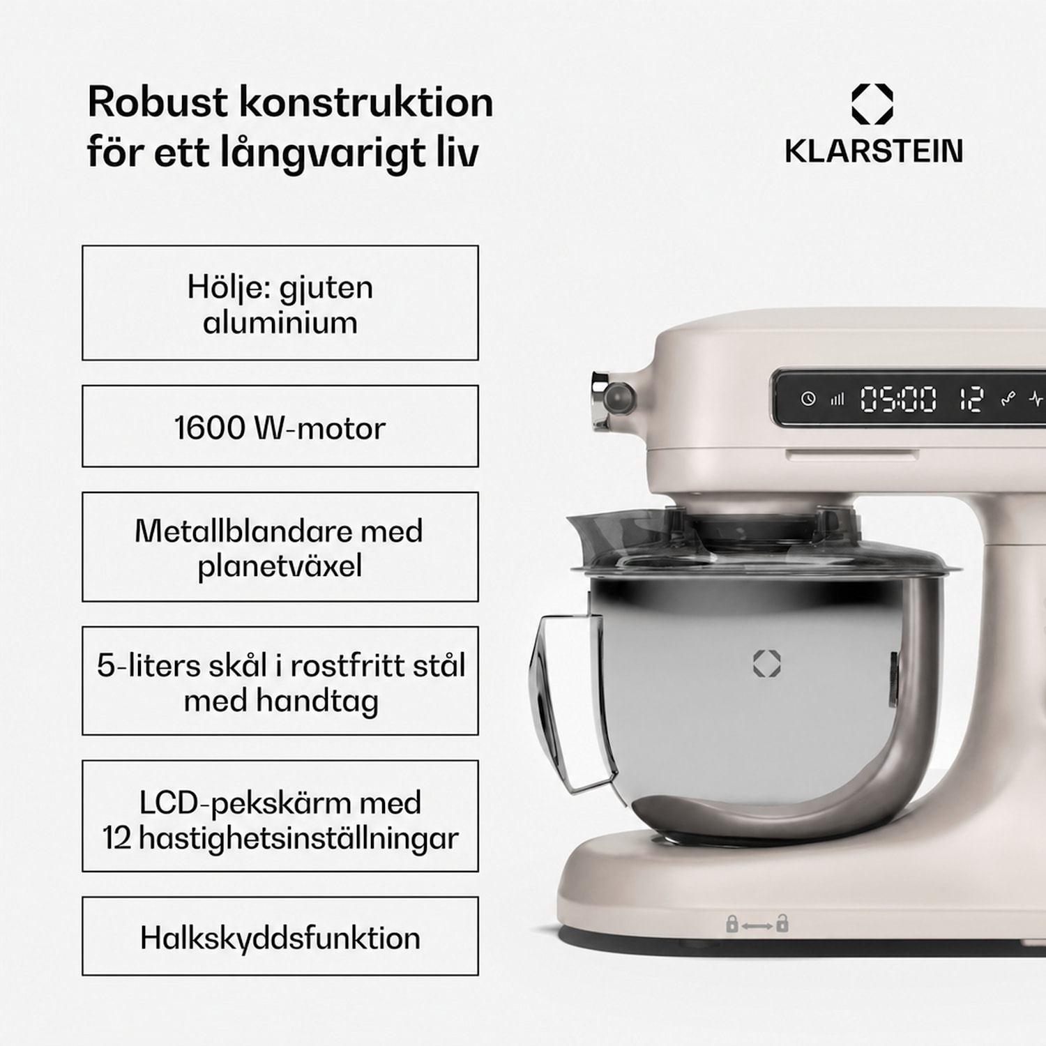 Chiara köksmaskin | 1600 watt | 12 inställningar | skål i rostfritt stål | LCD-display | inkl. tillbehör Sand
