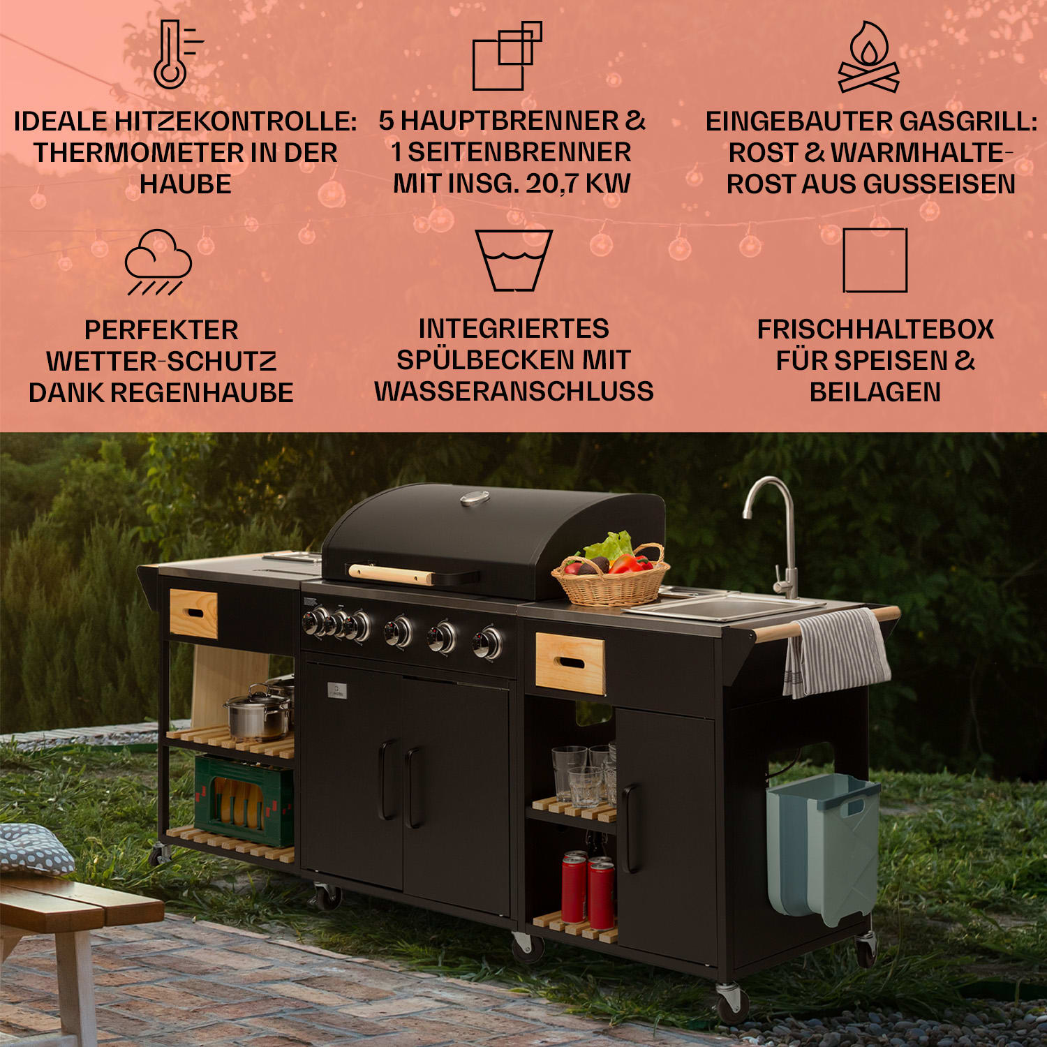 Jersey Outdoor Kitchen mit Gasgrill und Spüle 20,7 kW 5+1 Brenner mobil 