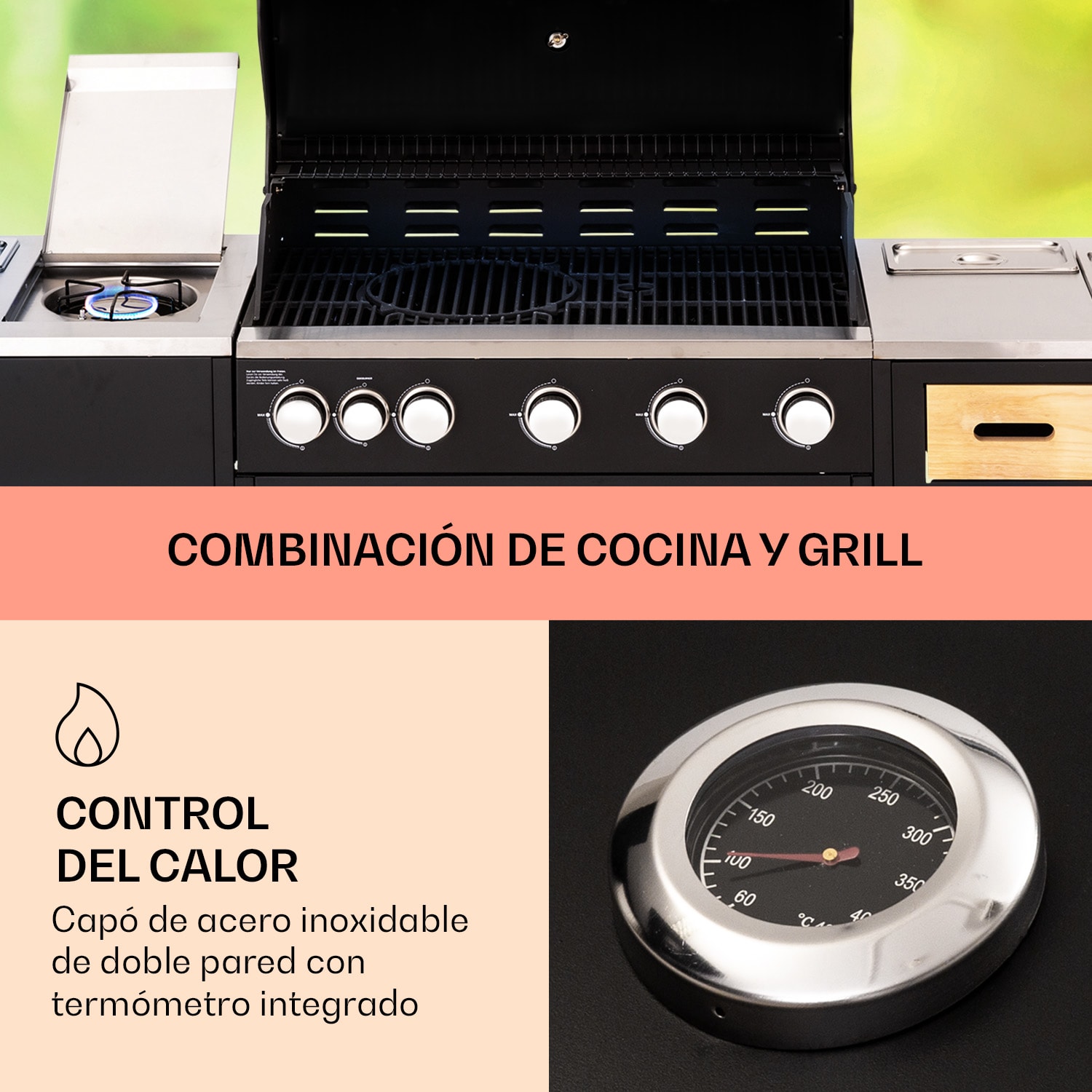 Cocina exterior Jersey con barbacoa de gas y fregadero 20,7 kW 5+1 quemadores móvil 