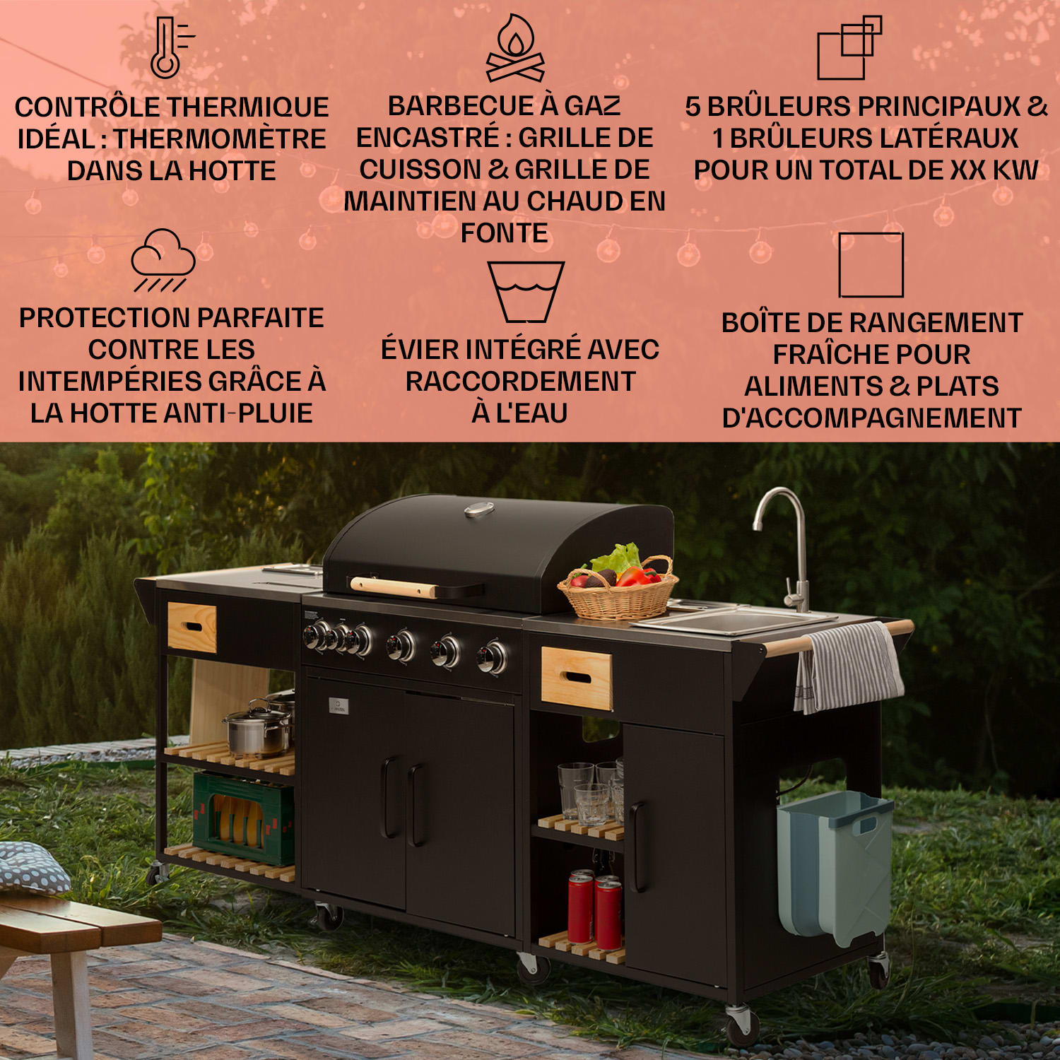 Jersey cuisine d'extérieur avec barbecue à gaz et évier 20,7 kW 5+1 brûleurs mobile 