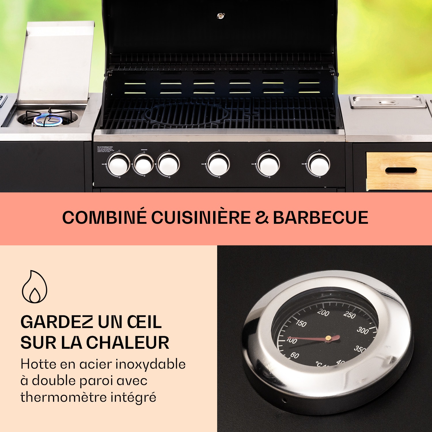 Jersey cuisine d'extérieur avec barbecue à gaz et évier 20,7 kW 5+1 brûleurs mobile 