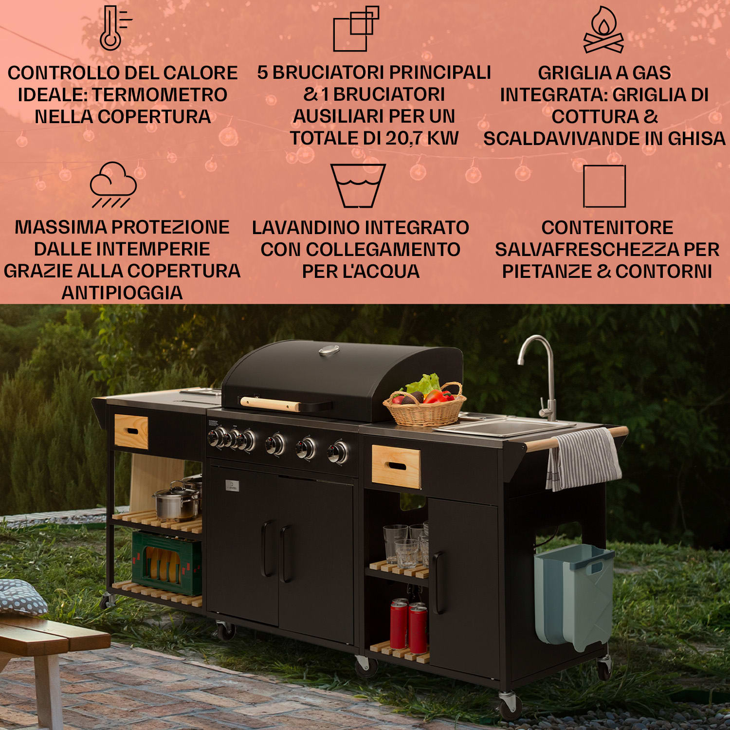 Jersey - Cucina da esterno con griglia a gas e lavello, 20,7 kW, 5+1 bruciatori, mobile 