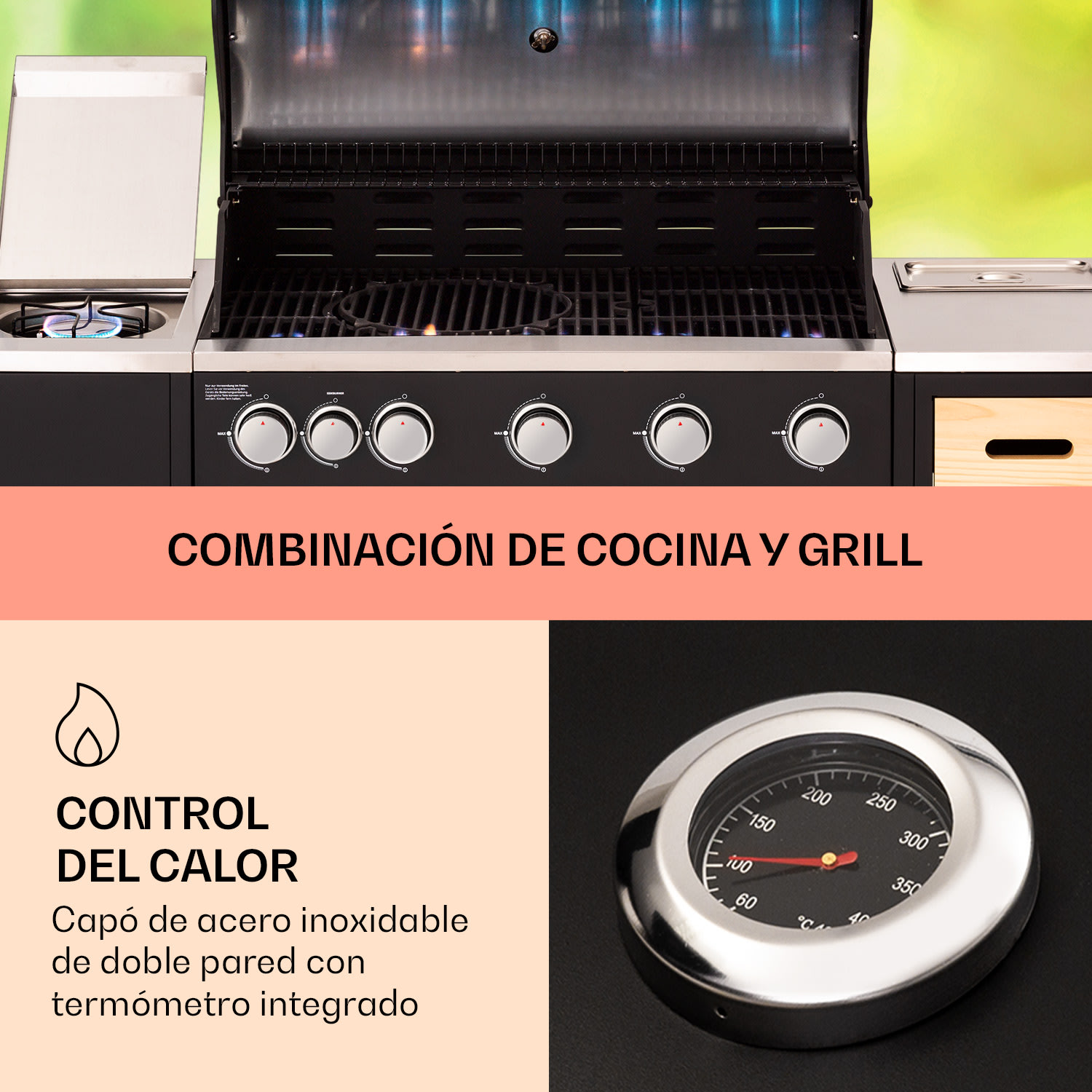 Cocina exterior Jersey parrilla de gas 20,7 kW 5+1 quemadores móvil cubierta de protección contra la lluvia 