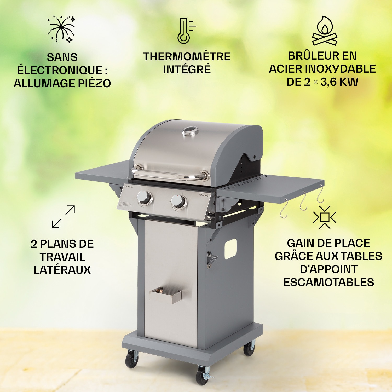 Lucifer 2 Barbecue à gaz 2 x brûleurs 3,6 kW 45 x 45 cm barbecue inox mobile 2 brûleurs | Acier Inoxydable