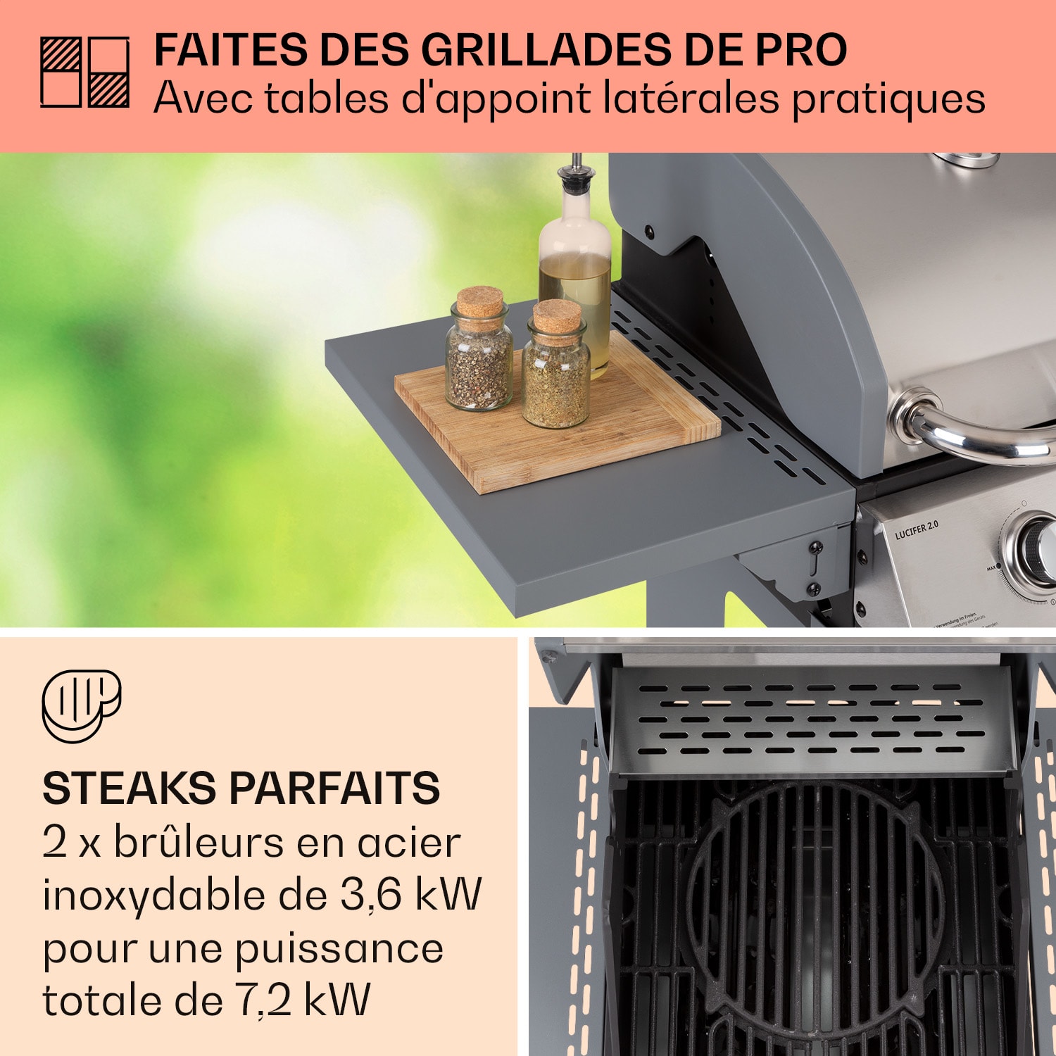 Lucifer 2 Barbecue à gaz 2 x brûleurs 3,6 kW 45 x 45 cm barbecue inox mobile 2 brûleurs | Acier Inoxydable