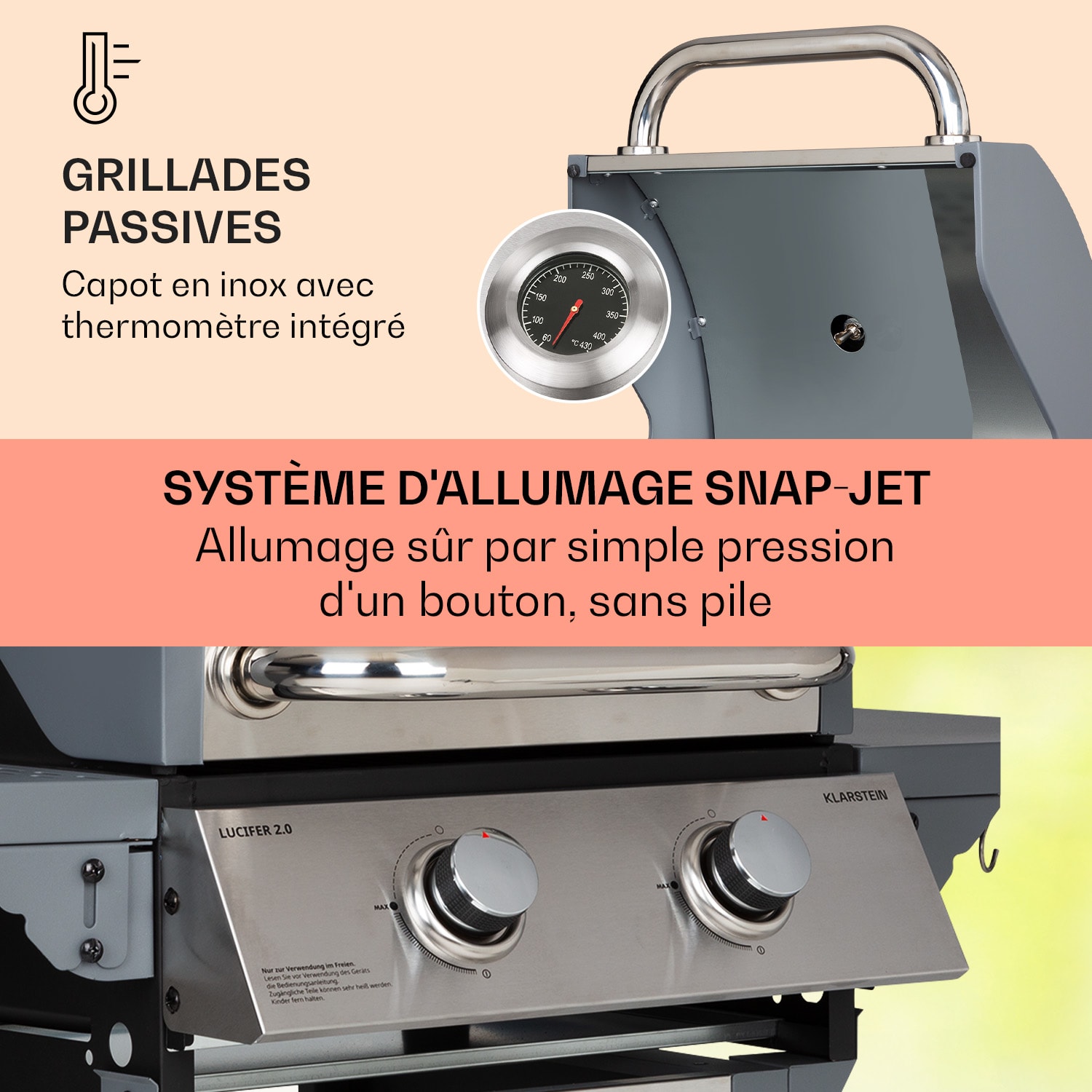 Lucifer 2 Barbecue à gaz 2 x brûleurs 3,6 kW 45 x 45 cm barbecue inox mobile 2 brûleurs | Acier Inoxydable