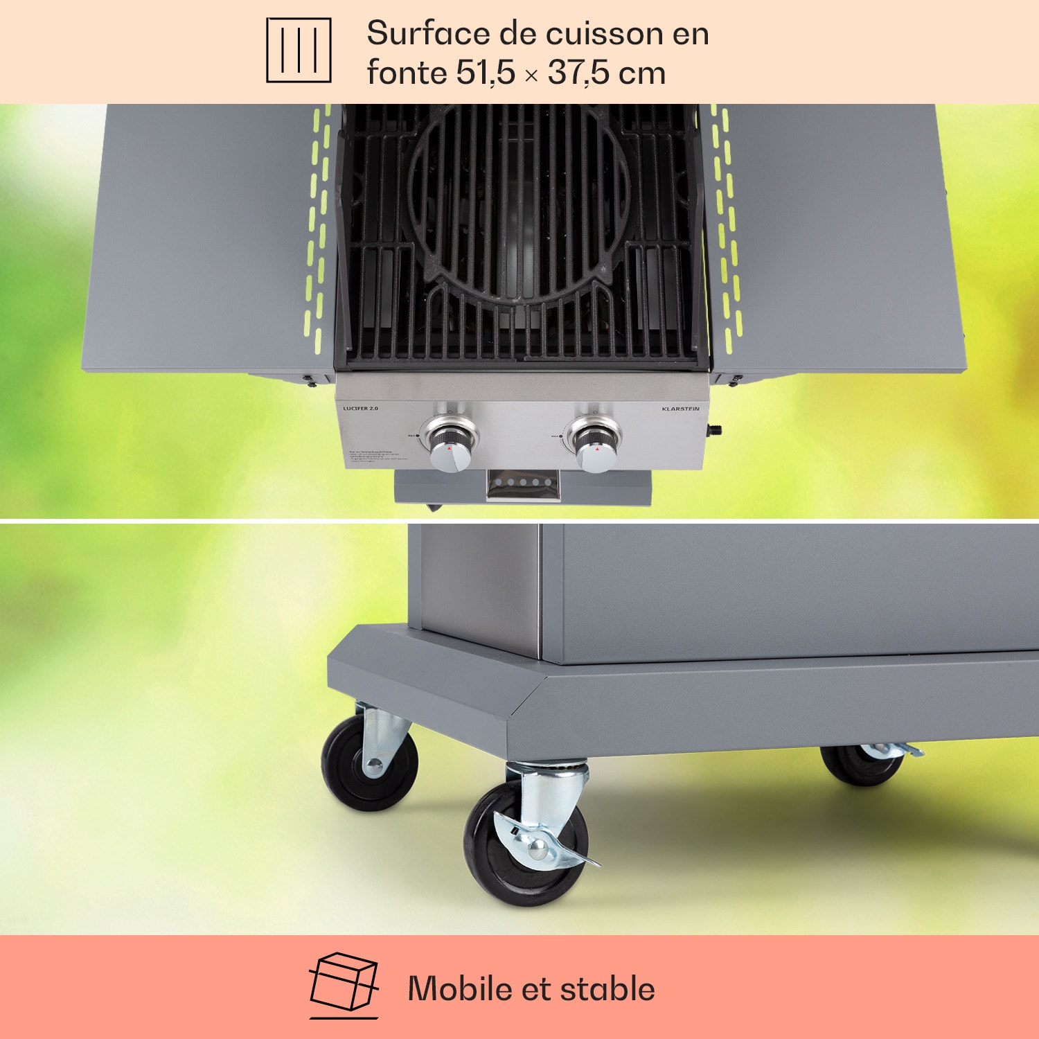 Lucifer 2 Barbecue à gaz 2 x brûleurs 3,6 kW 45 x 45 cm barbecue inox mobile 2 brûleurs | Acier Inoxydable