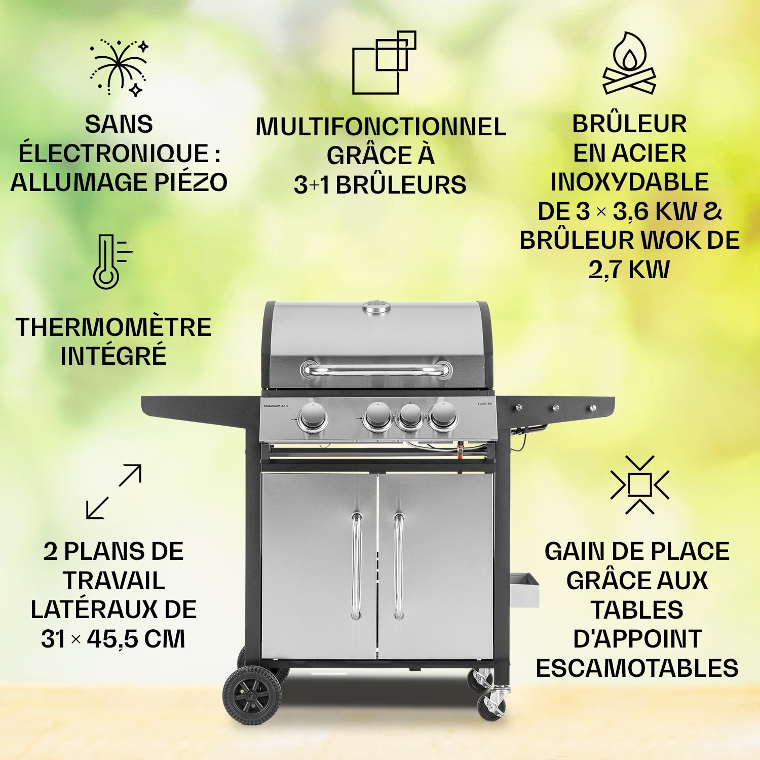Tomahawk 3.1 S Barbecue à gaz Brûleurs 3 x 3,6 kW + brûleur latéral 2,7 kW barbecue 60 x 45 cm inox 3 brûleurs principaux + 1 brûleur auxiliaire