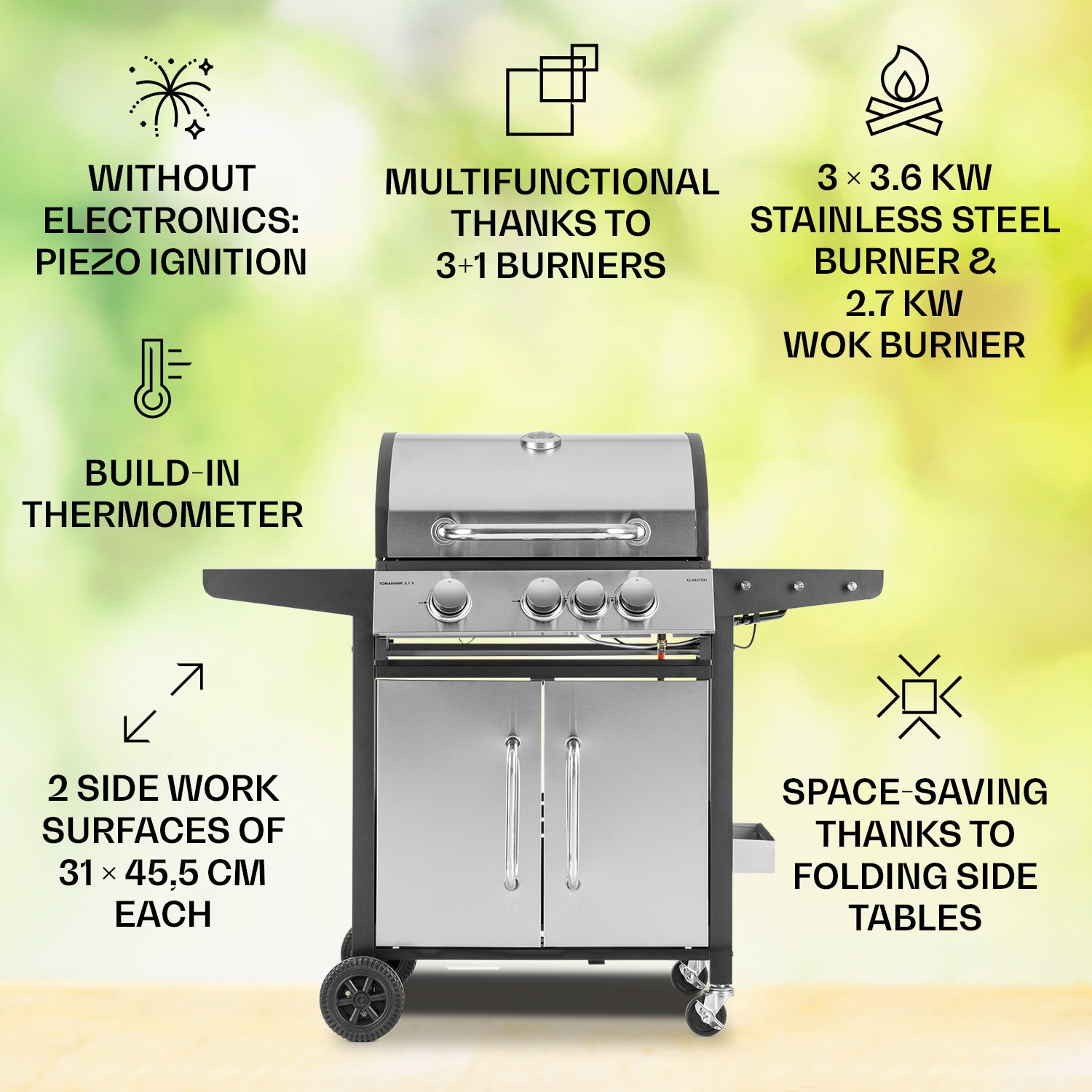Tomahawk 3.1 S, gázgrill, 3x3,6 kW-os égő + 2,7 kW-os oldalsó égő, 60x45cm, grill, rozsdamentes acélból készült 3 fő égő + 1 oldalsó égő