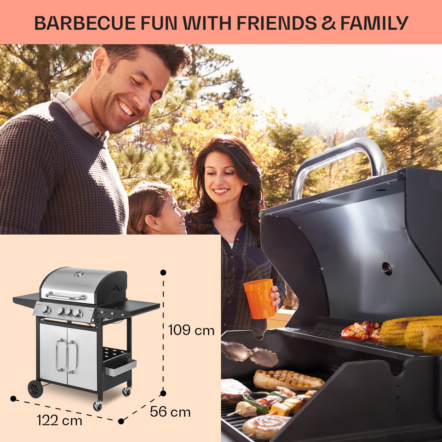Tomahawk 3.1 S, gázgrill, 3x3,6 kW-os égő + 2,7 kW-os oldalsó égő, 60x45cm, grill, rozsdamentes acélból készült 3 fő égő + 1 oldalsó égő