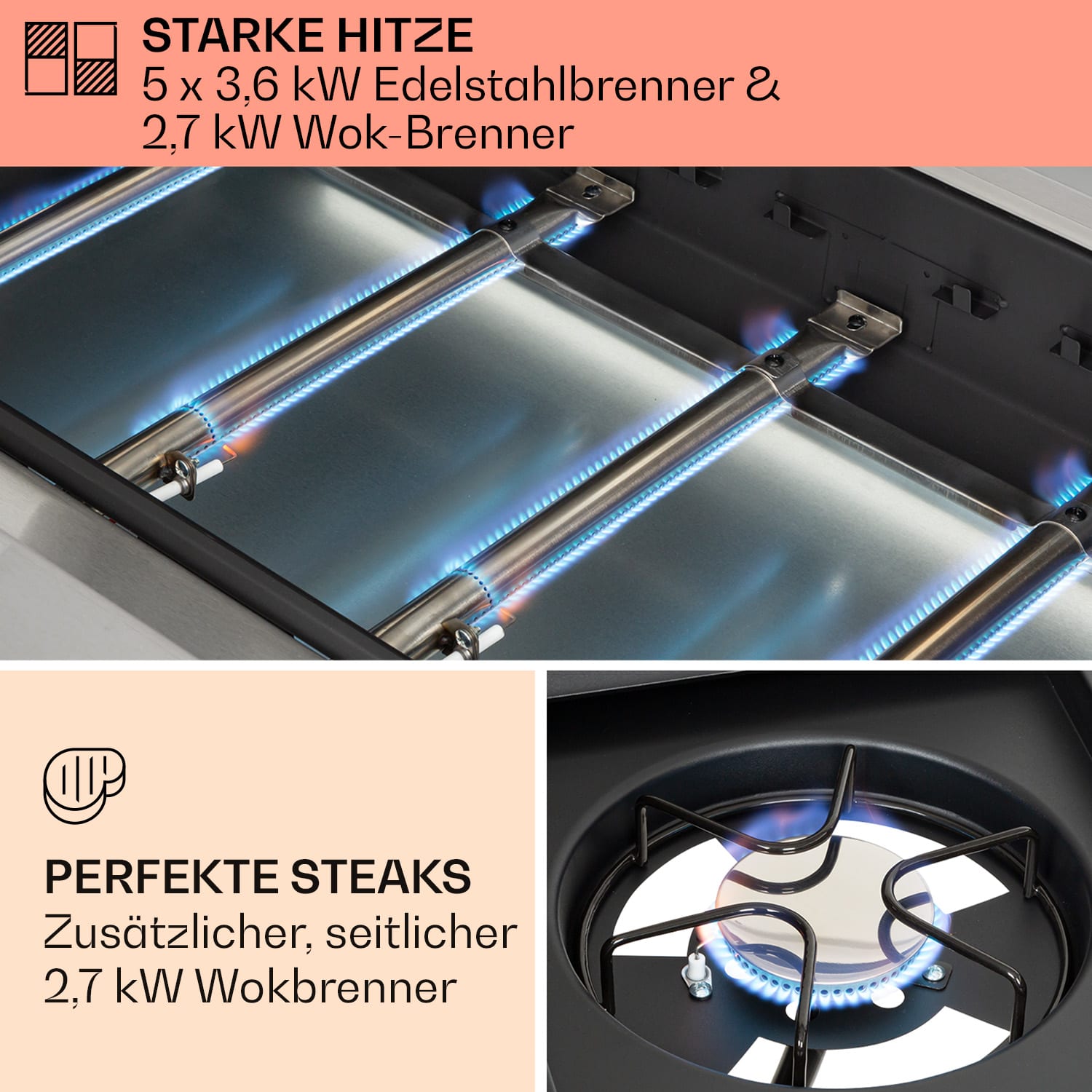 Tomahawk - Griglia a gas, 5 bruciatori da 3,6 kW + 1 bruciatore da 2,7 kW, 80 x 43,5 cm, acciaio inox 5 bruciatori principali + 1 bruciatore ausiliario