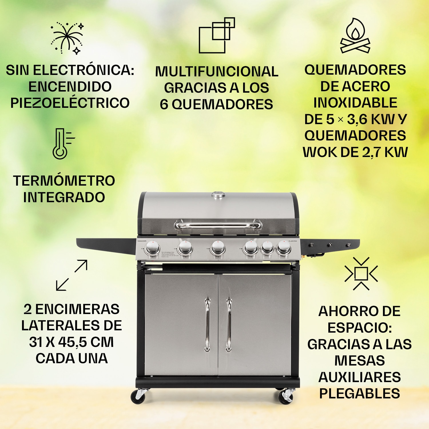 Barbacoa de gas Tomahawk 5 x 3,6 kW + 2,7 kW quemador 80 x 43,5 cm acero inoxidable 5 quemadores principales + 1 quemador lateral